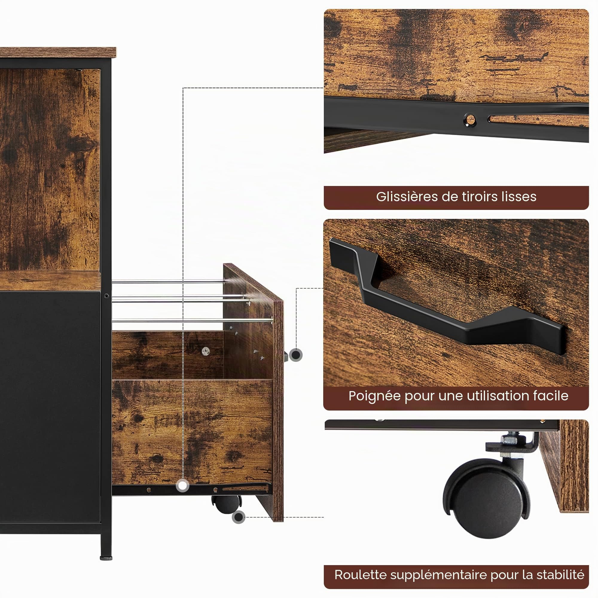 VASAGLE Caisson avec Tiroir, Meuble de Rangement Bureau, pour Format A4, Dossier Suspendu, Support pour Imprimante, Style Industriel, Marron Rustique et Noir OFC043B01