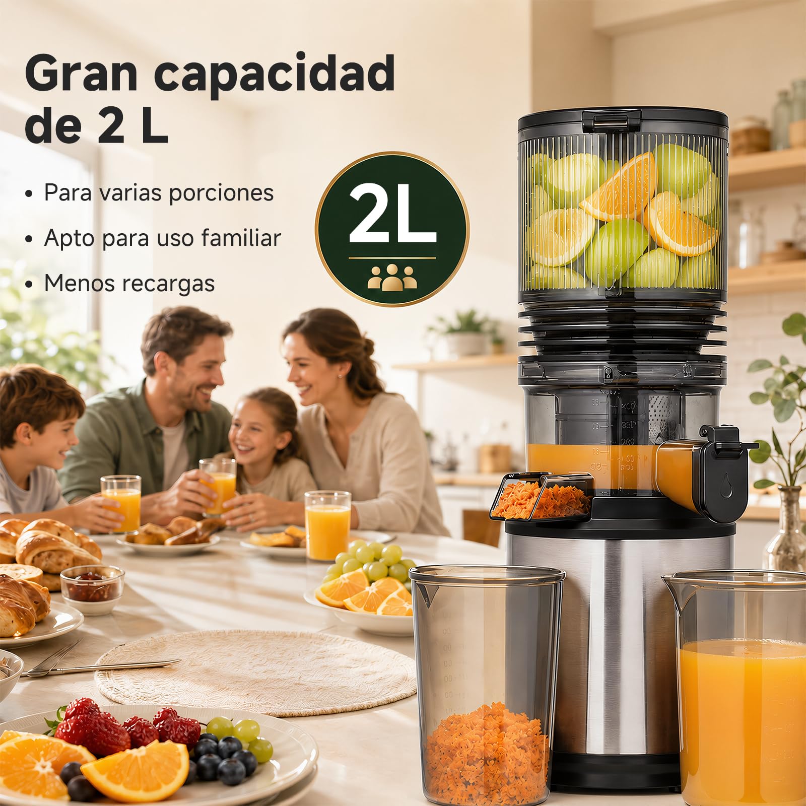 AMZCHEF Extractor de Zumos 158 mm Boca XXL, Licuadora de Prensado en Frío para Frutas y Verduras, Slow Juicer 2L con Vaso de Pulpa y Vaso de Zumo, Fácil Limpieza, Motor Silencioso, Acero Inoxidable