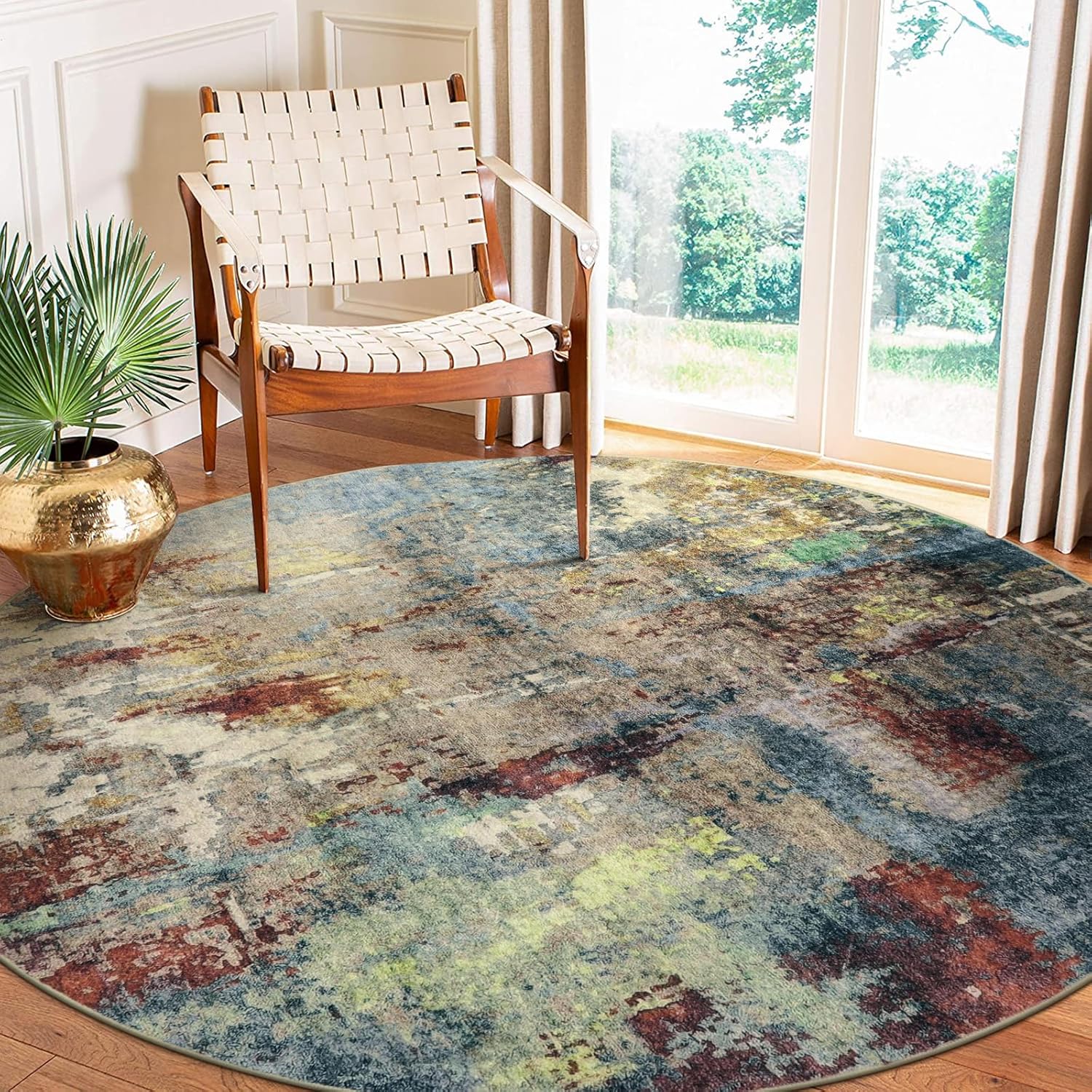 Lahome Modern Abstract Round Rug 6ft - Large Red 6x6 Circle Rugs for Living Room Bedroom Dining Room,Soft Non Slip Mat Indoor Floor Carpet for Coffee Table Hardwood Playroom 6' Round Red/Multi