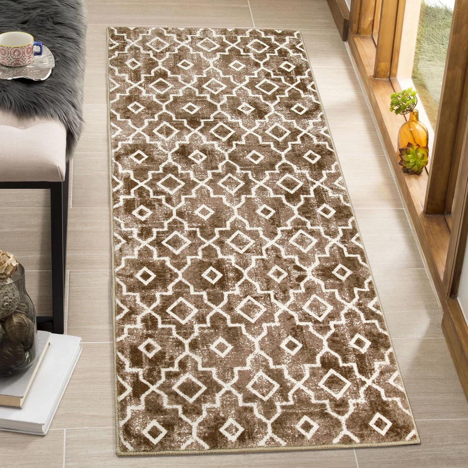 Wonnitar Moroccan Washable Area Rug 2x4.3 Brown Kitchen