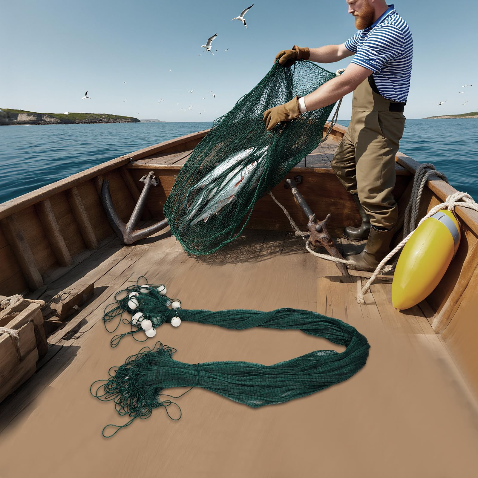 Fischernetz 3x20m Zugnetz mit Schwimmer & Gewichten, 1,5cm Engmaschiges Schleppnetz für Köderfische Elritzen, Handgeknüpftes PE-Gewebe, Wadennetz für Fluss, See & Strand