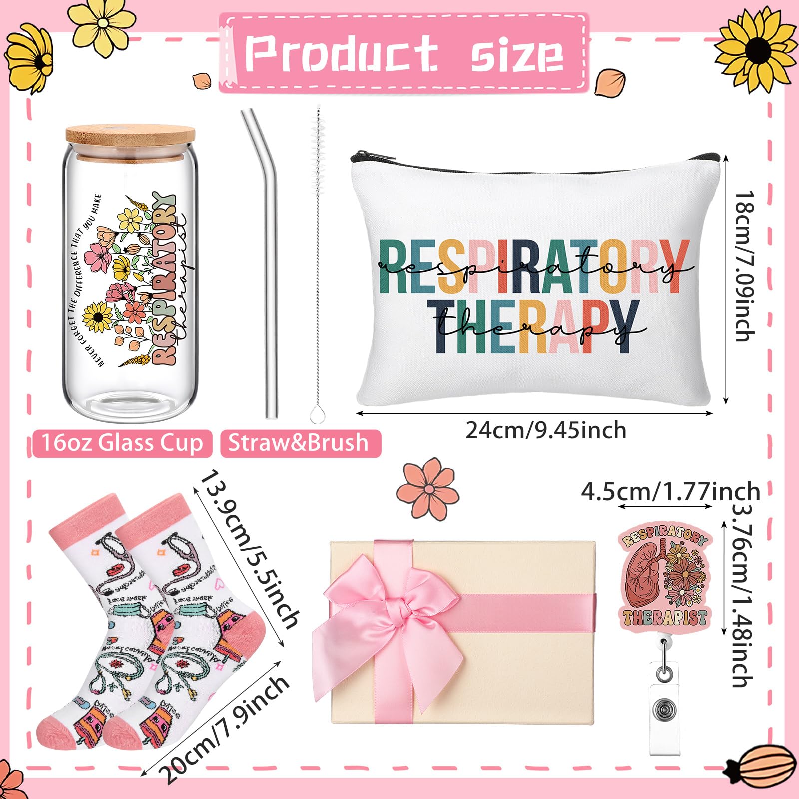 Skylety 5 Pcs Respiratory Therapist Gifts Set 16oz Glass Cup Socks Cosmetic Bag RT Badge Reel Thank You RT Appreciation Gift Box for Women Respiratory Therapist accessories Nurse Doctor Gift