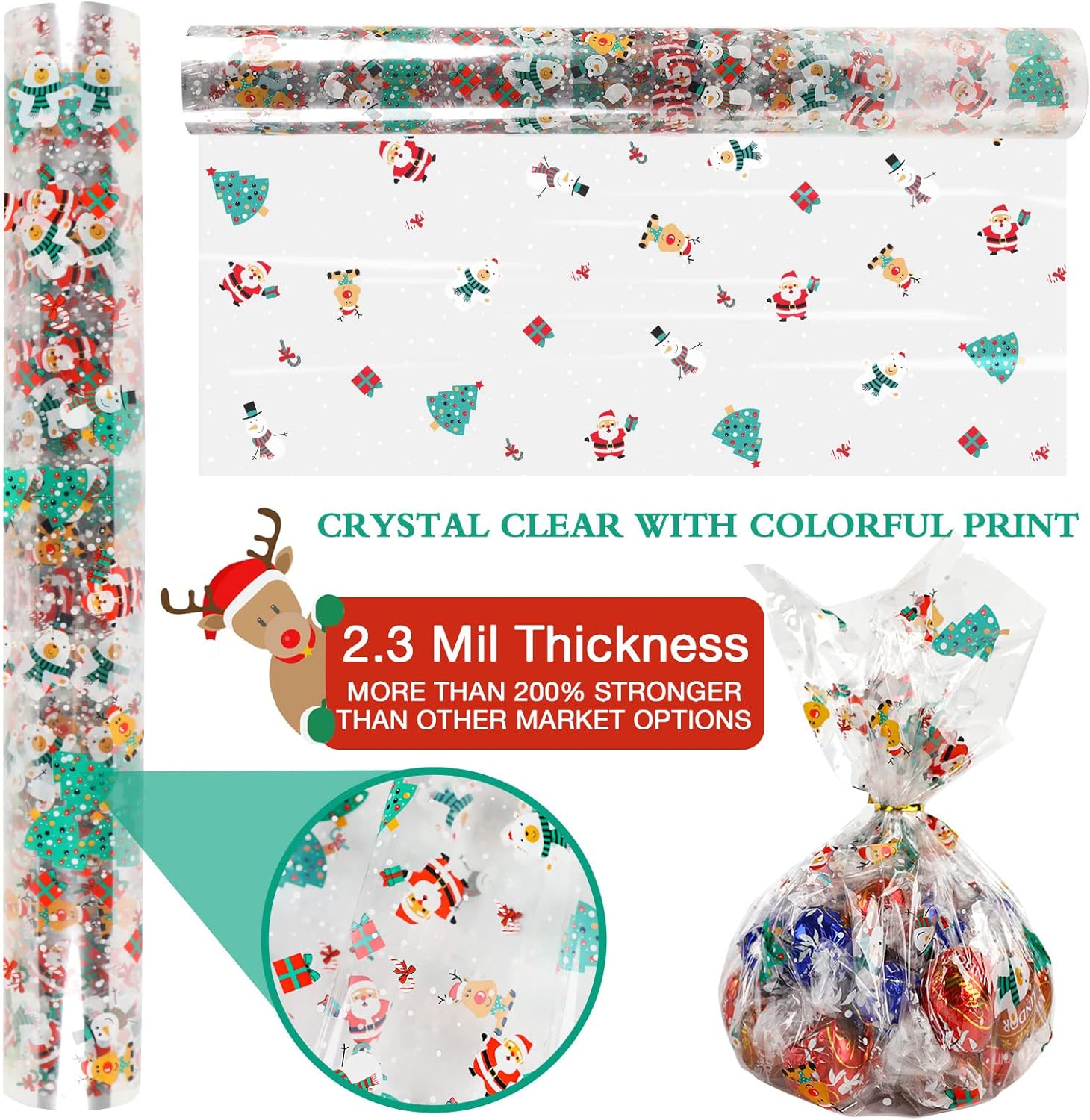 Christmas Cellophane Wrap Roll Crystal Clear with Christmas Designs 100’X 16” Christmas Cellophane for Wrapping Gifts, Baskets and Xmas Decor : Health & Household