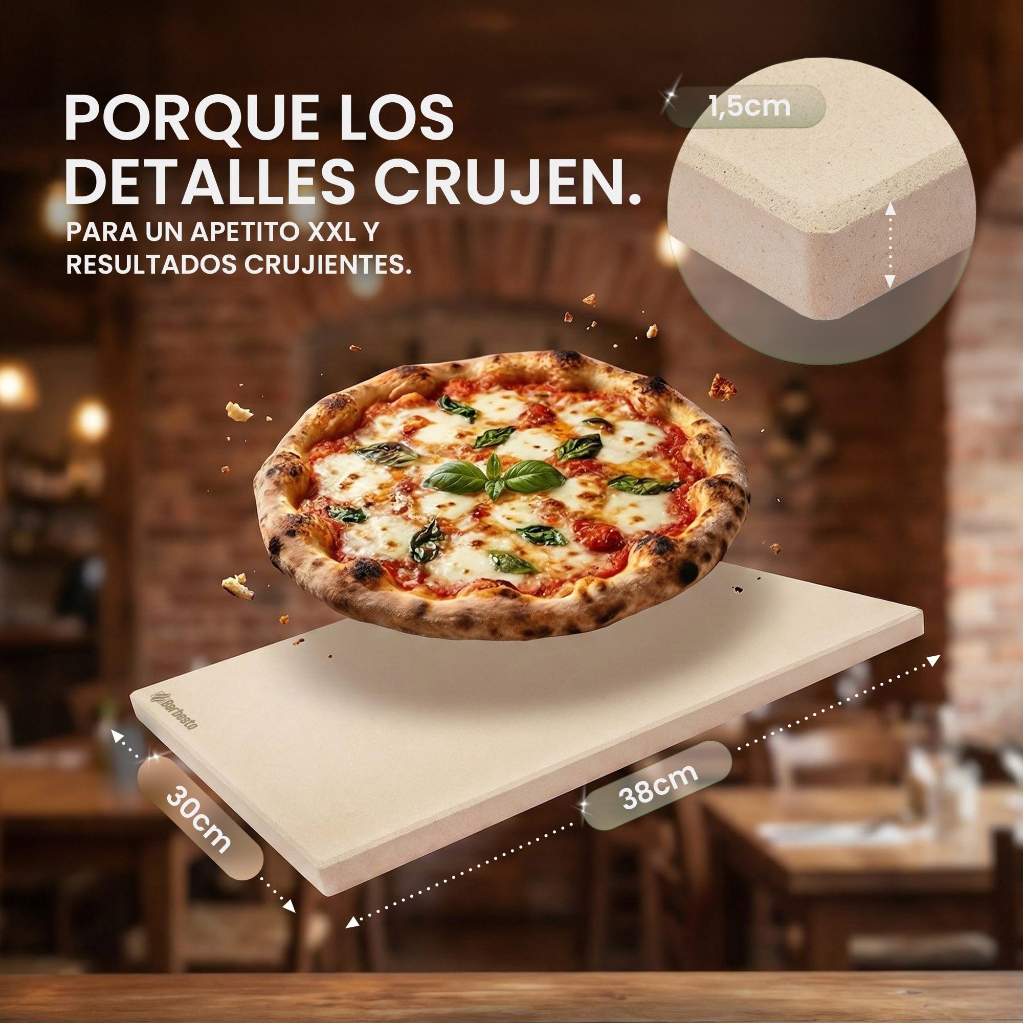 CLP Piedra para pizza para horno y parrilla 38x30 cm, piedra rectangular de cordierita, resistente al calor hasta 900°C, con libro de recetas, Tamaño:38x30 cm