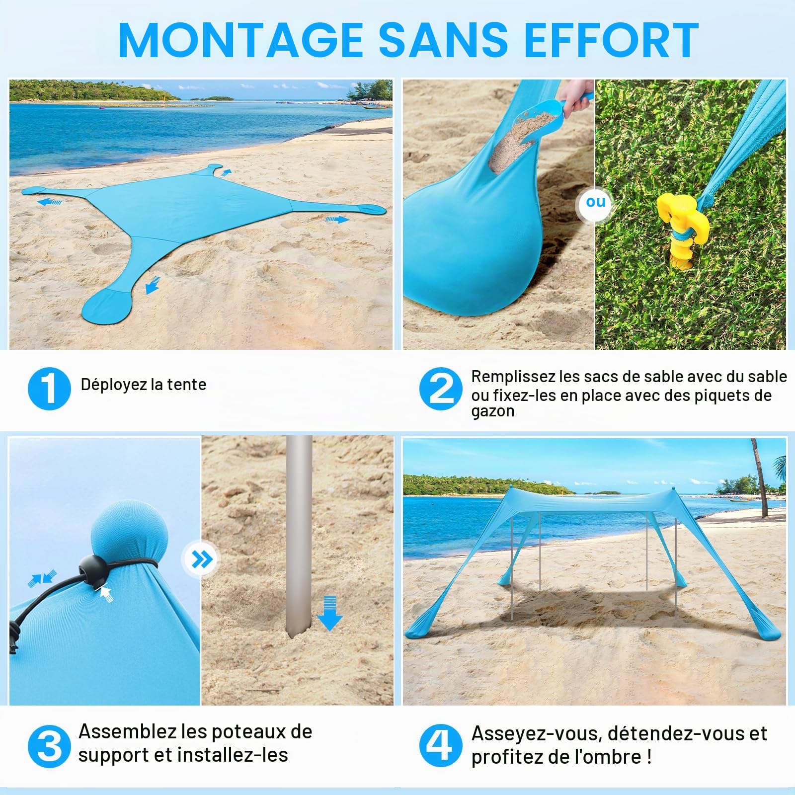 Sportneer Tente de Plage UPF50+ de 3 m avec 4 poteaux de stabilité, Pelle à Sable et piquets de Sol, Pare-Soleil d'extérieur Portable pour Plage, Camping, événements Sportifs, arrière-Cour