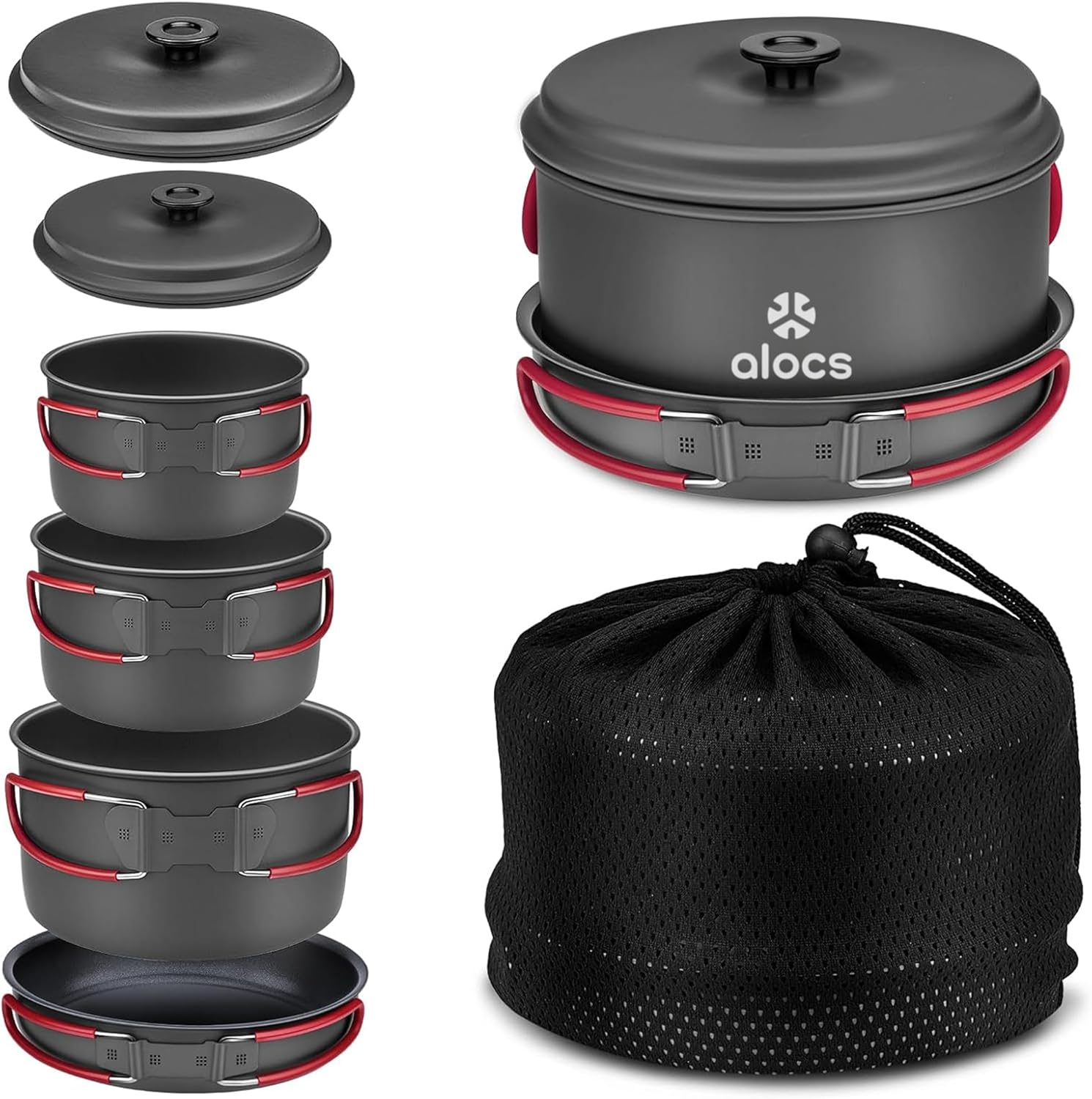 Alocs Camping Cookware, Aluminum Camping Cooking Set Camp Kitchen, Portable Camping Pots and Pans Set Essentials Mess Kit for Backpacking, Outdoor Cooking and Picnic