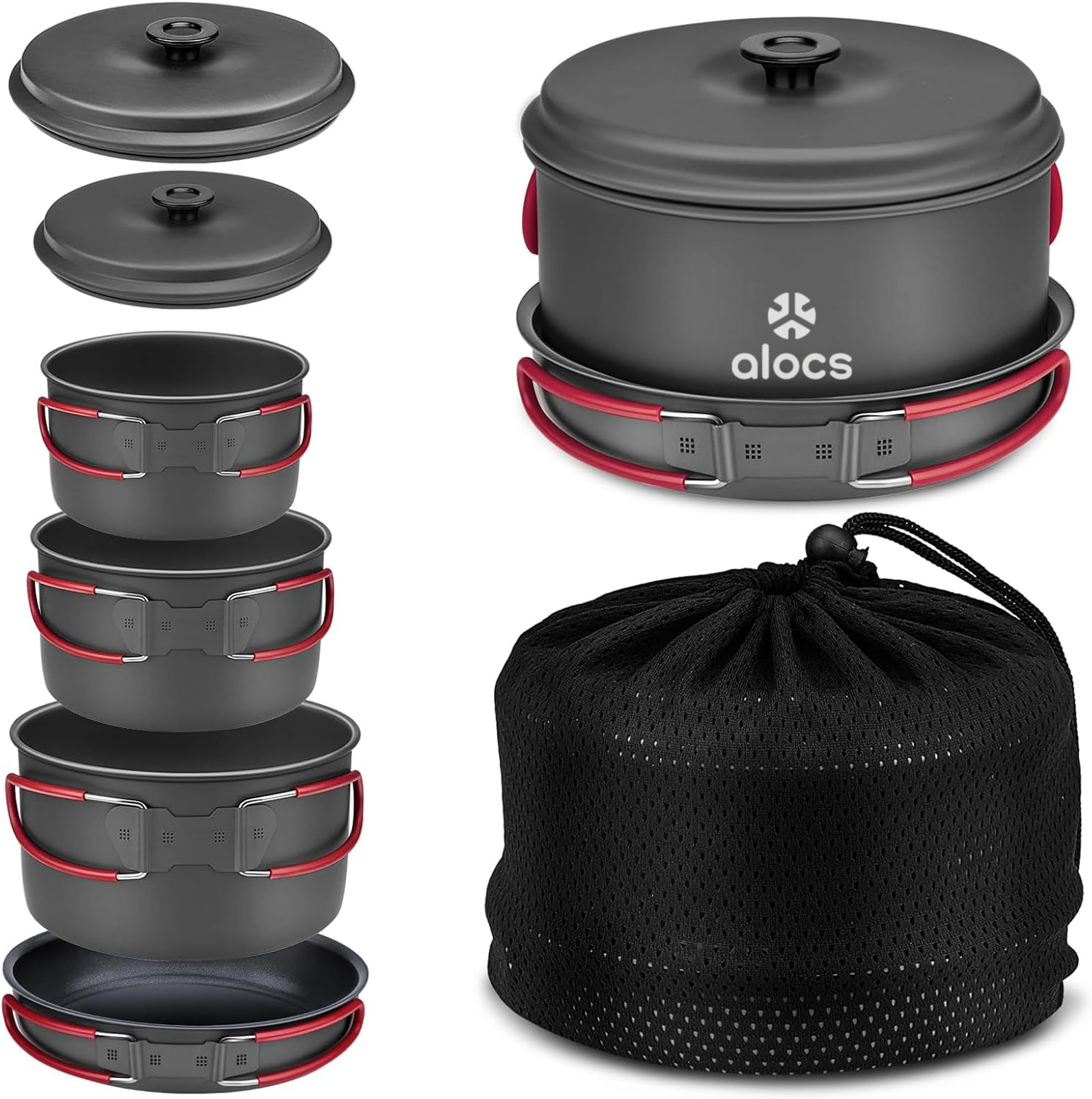 Alocs Camping Cookware Set Camping Gear, Compact Camping Pots and Pans Set, Durable Hard Alumina Camping Cooking Set for Outdoor Backpacking Camping Hiking Picnic, Included Mesh Carry Bag.