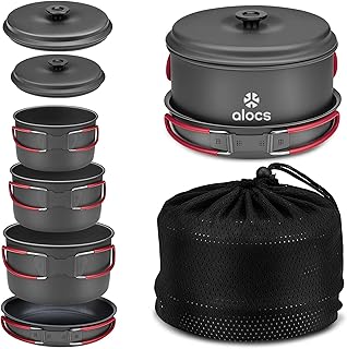 Alocs Camping Cookware, Aluminum Camping Cooking Set Camp Kitchen, Portable Camping Pots and Pans Set Essentials Mess Kit for Backpacking, Outdoor Cooking and Picnic