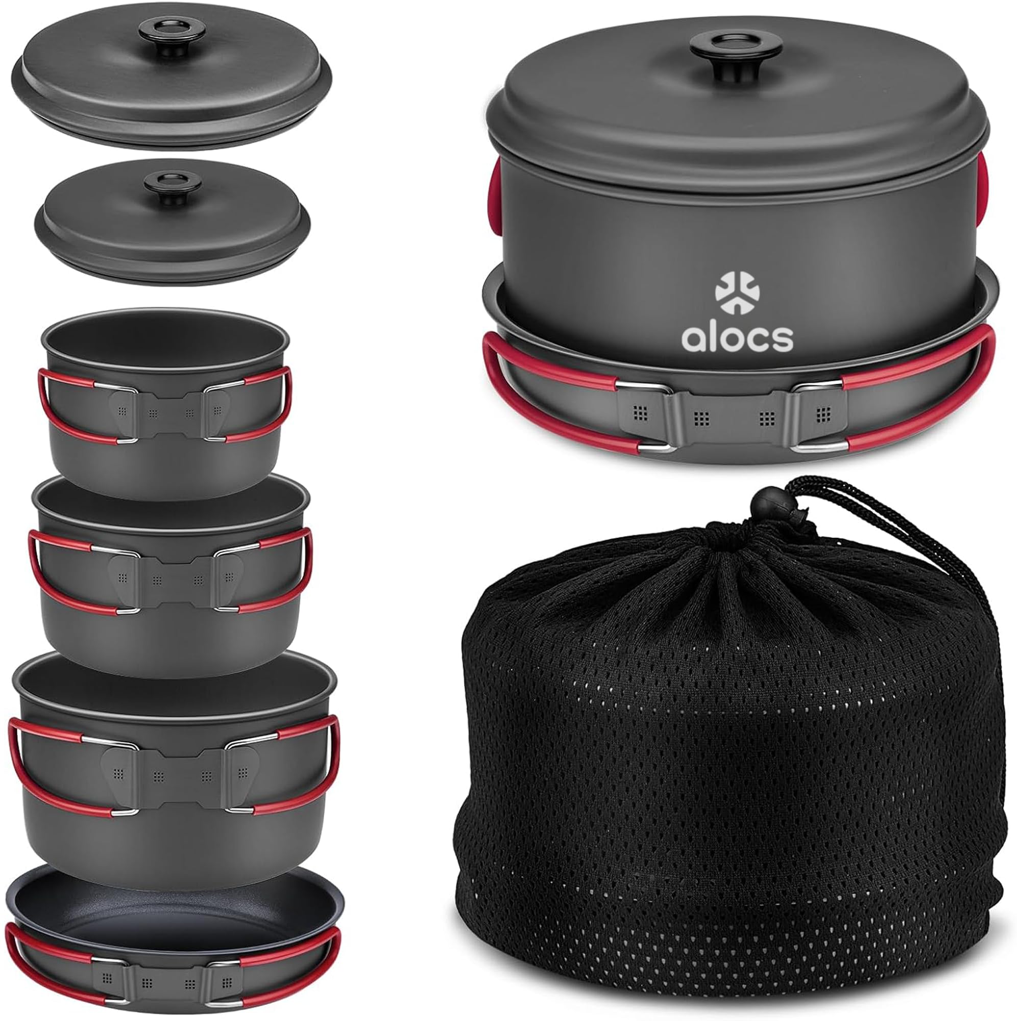 Alocs Camping Cookware, Aluminum Camping Cooking Set Camp Kitchen, Portable Camping Pots and Pans Set Essentials Mess Kit for Backpacking, Outdoor Cooking and Picnic