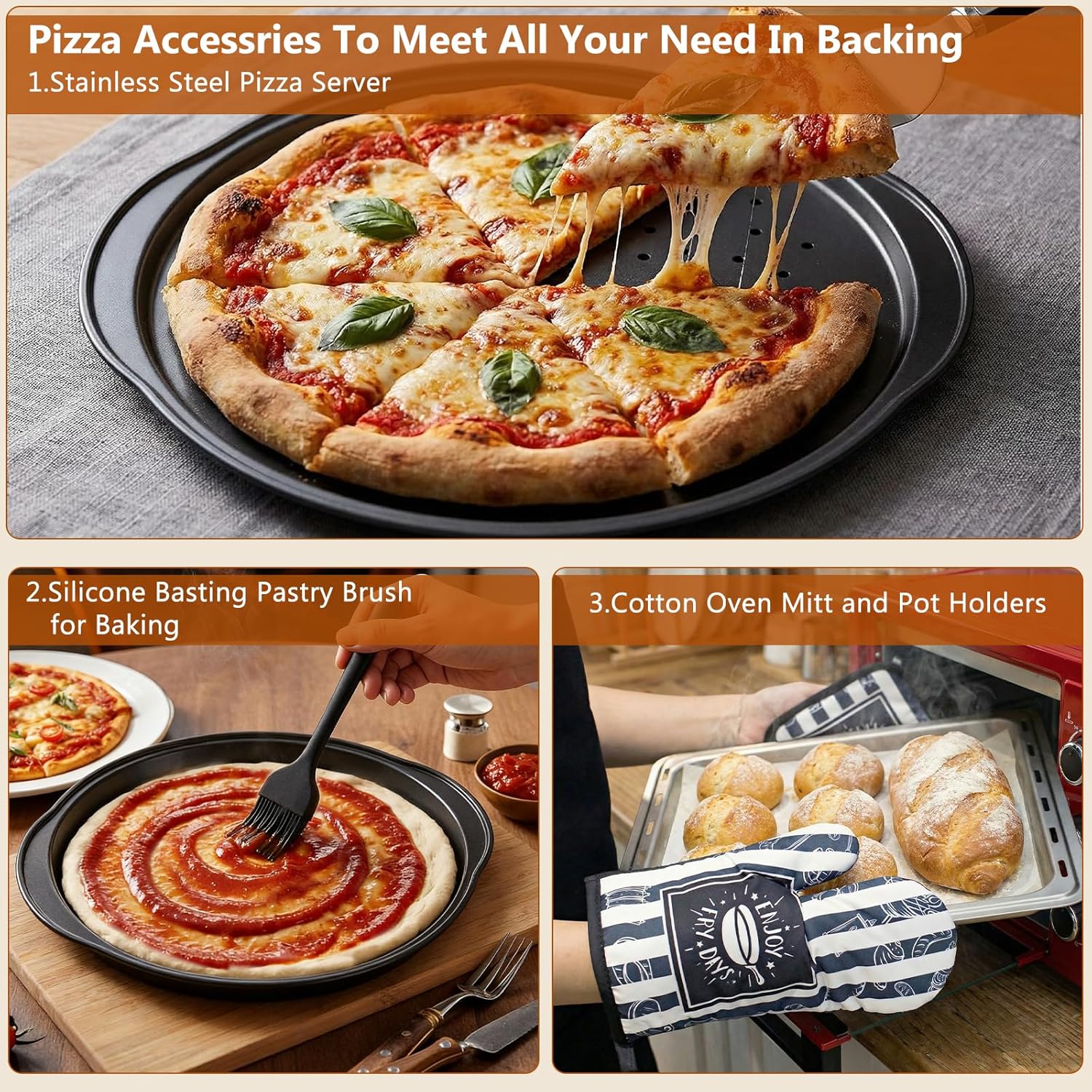Pizza Peel Pizza Pan Set, 7Pcs Pizza Oven Accessories, 12 Inch Metal Paddle (12"x 14") with Foldable Wooden Handle, 2 Pizza Pans, Rocker Cutter, Pizza Server, Oven Mitts, Oil Brush