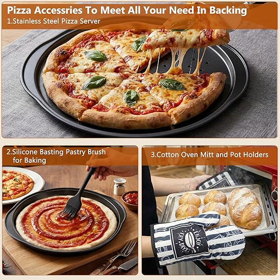 Pizza Peel Pizza Pan Set, 7Pcs Pizza Oven Accessories, 12 Inch Metal Paddle (12x 14) with Foldable Wooden Handle, 2 Pizza Pans, Rocker Cutter, Pizza Server, Oven Mitts, Oil Brush