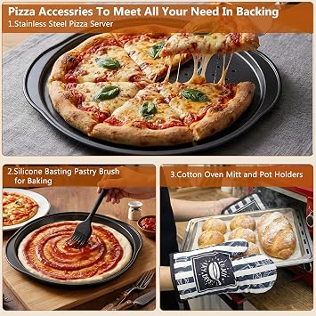 Pizza Peel Pizza Pan Set, 7Pcs Pizza Oven Accessories, 12 Inch Metal Paddle (12x 14) with Foldable Wooden Handle, 2 Pizza Pans, Rocker Cutter, Pizza Server, Oven Mitts, Oil Brush