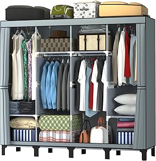 LOEFME Canvas Wardrobe, Four-column Portable Wardrobes for Bedroom, 165 * 45 * 175 cm New Base Design Fabric Wardrobe, Large Storage Space Foldable wardrobe, Grey
