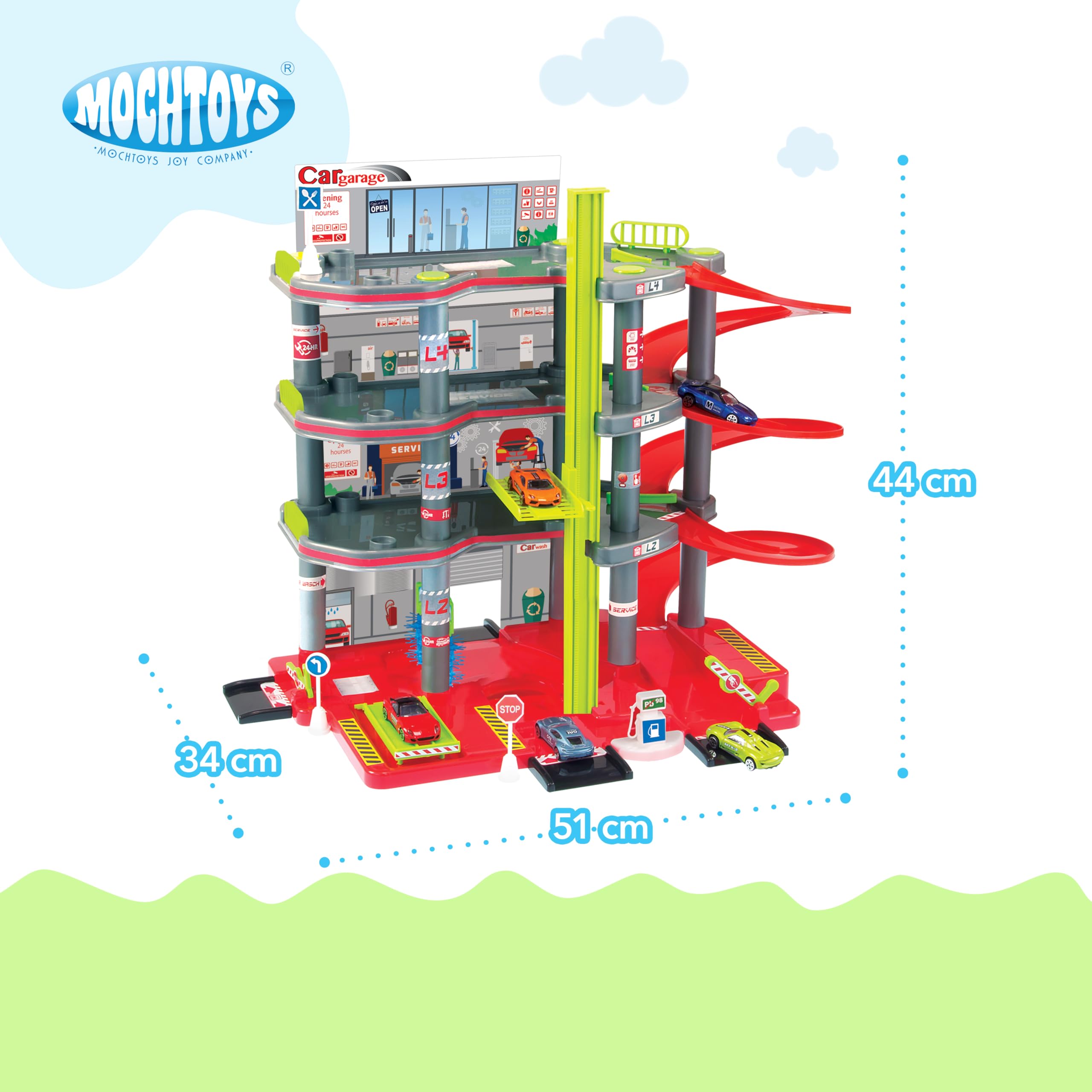 Mochtoys Parkgarage für Kinder - 4-Stöckige Parkhaus Set mit Aufzug, Verkehrsschildern und Auto, Entwickelt Manuelle Fähigkeiten, Für Kleinkinder ab 3 Jahren, Abmessungen: 55x35x44 cm