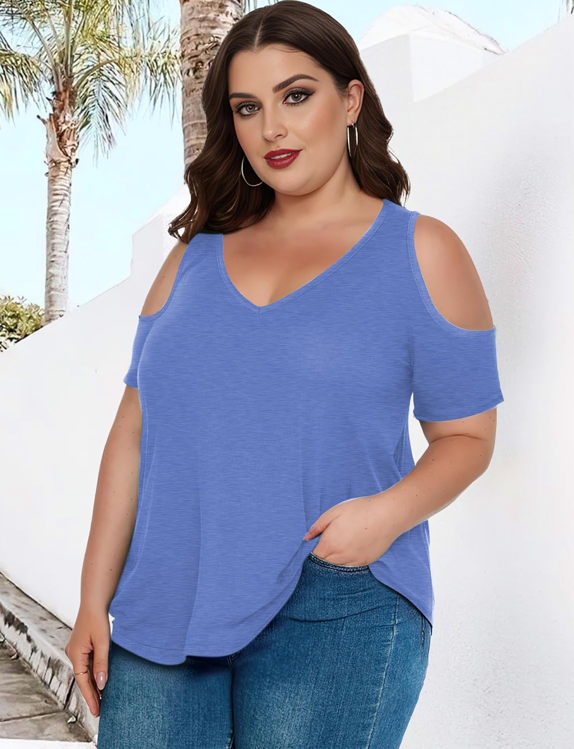 Buauty Womens Summer Trendy Shirts V Neck Criss Cross Cold Shoulder Tops Solid Color Fashion Casual Loose Sexy Blouse - Image 3