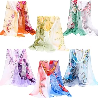 Sureio 6 Pcs Scarves for Women Lightweight Summer Floral Print Pattern Scarf for Women Dressy Long Thin Scarf ShawlElegant Style