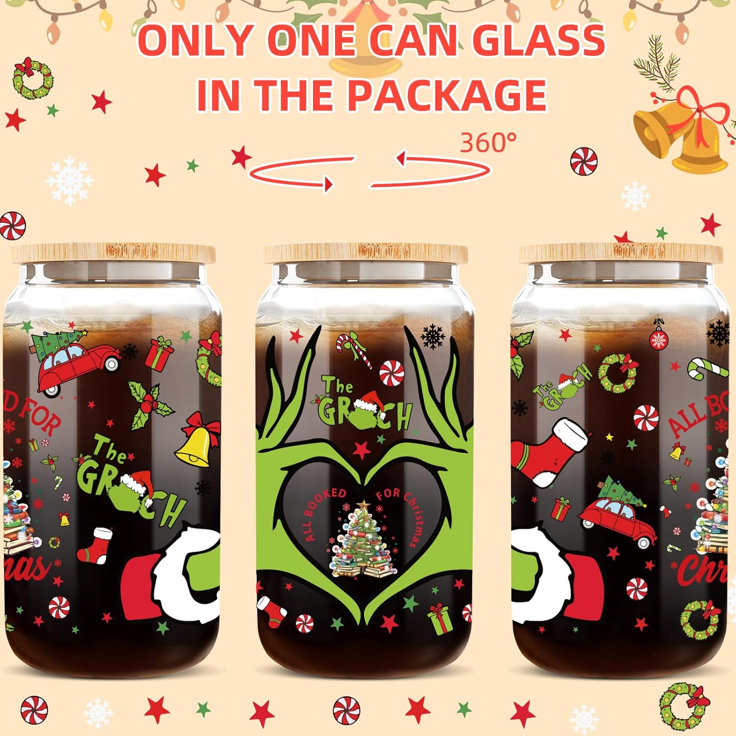 Book Lovers Gifts for Women, Christmas Cups With Lids and Straws, 16oz Funny Glass Cup, All Booked for Christmas, Cute Bookish Gift for Readers and Bookworms - Image 2