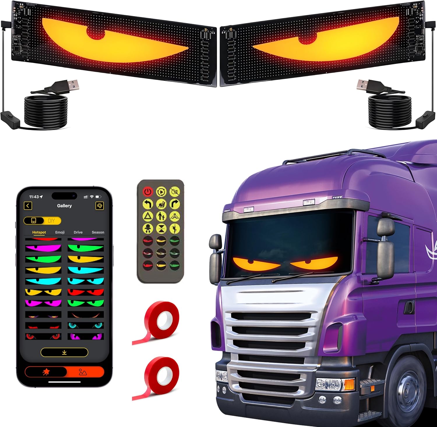 2PCS Devil Eyes Light for Cars, 23.6x4.72in LED Eyes for Car Windshield, Ojos led para carro Programmable Ultrathin Flexible LED Panel, with Bluetooth APP & Remote Control for Cars Trucks SUVs