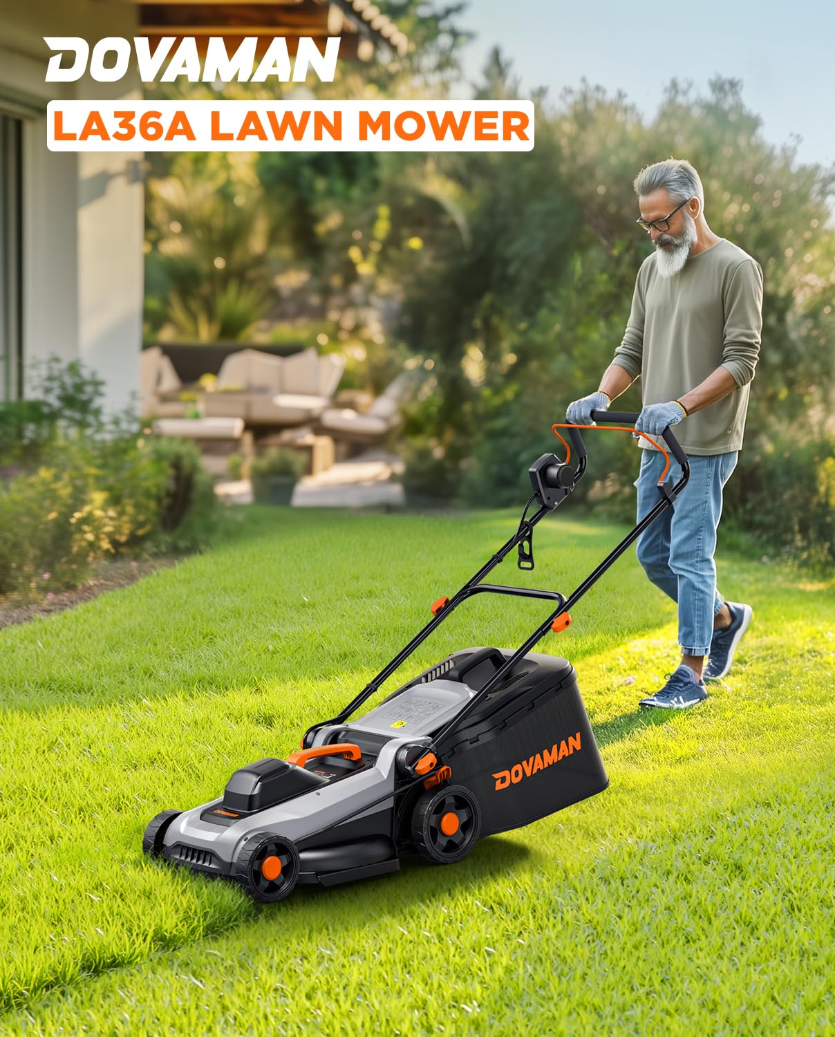 DOVAMAN LA36A Cortacésped Eléctrico 1500W, 36cm Corte, 95% Recogida, Altura 6 Posiciones, Cesto 40L, 2-en-1 Mulching & Recolección, Empuñadura Plegable, Ideal para Jardín & Cuidado del Césped
