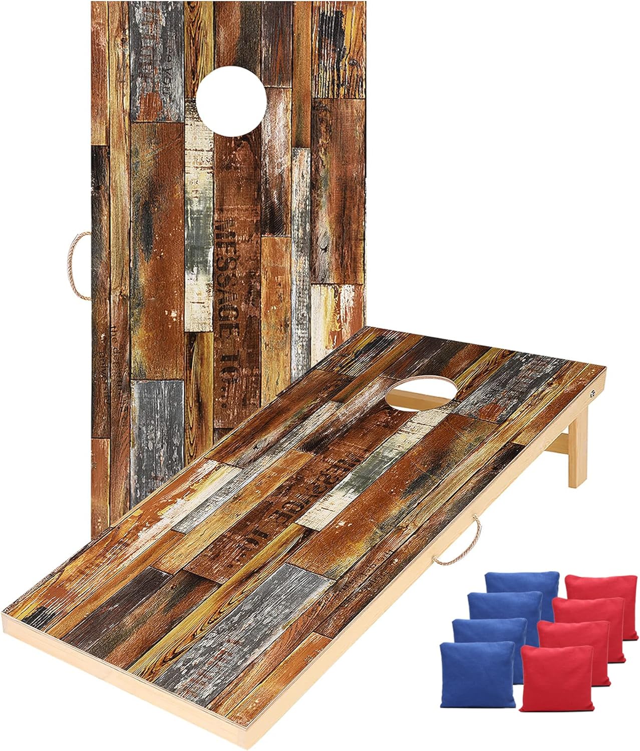 Shevvi Solid Cornhole Boards 4' x 2' Regulation Size, Both Sides Printed Wood Grain, Premium Outdoor Game Set, 8 Cornhole Bean Bags, Toss Games for Indoor Outdoor