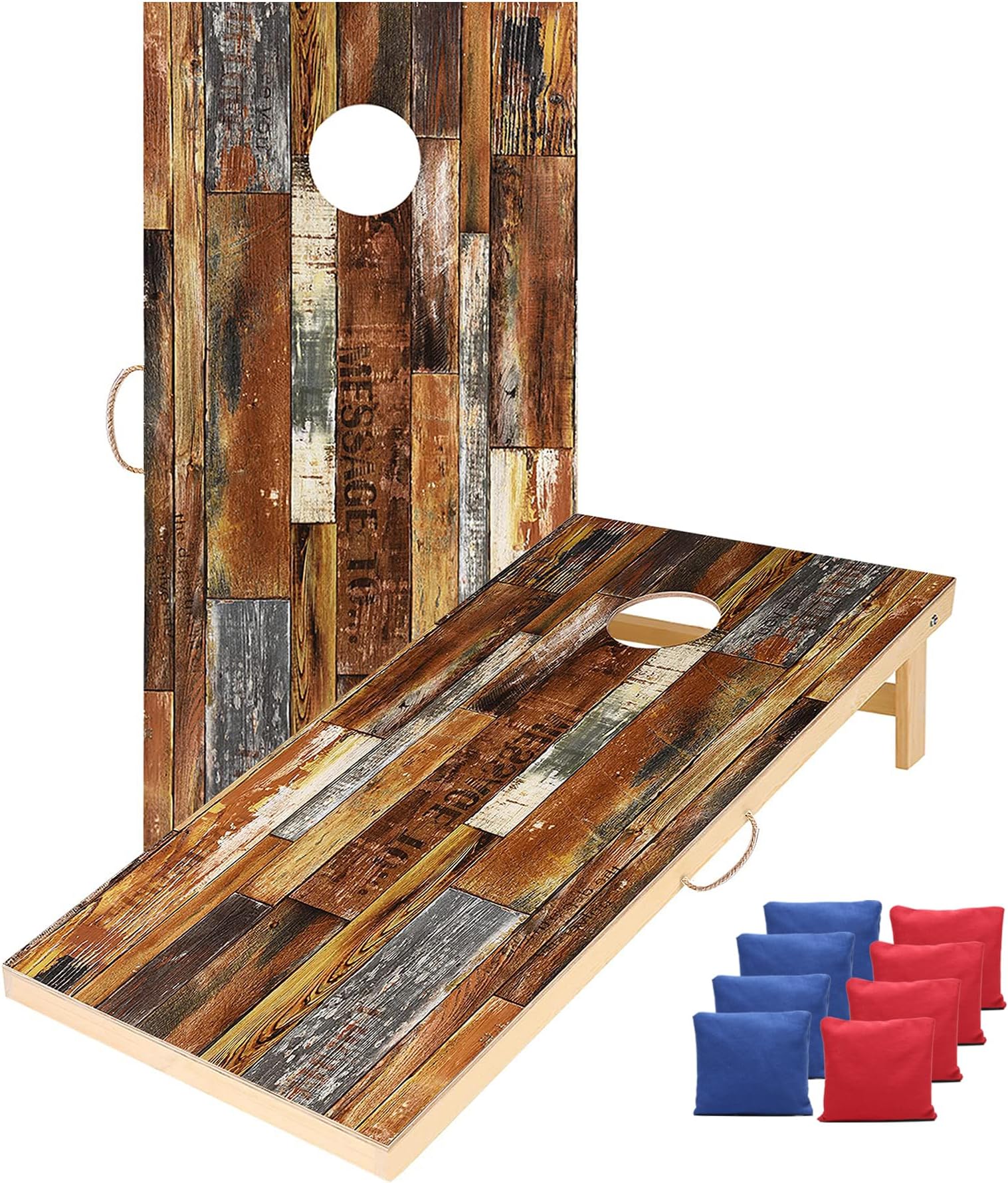 ShevviSolid Cornhole Boards 4' x 2' Regulation Size, Both Sides Printed Wood Grain, Premium Outdoor Game Set, 8 Cornhole Bean Bags, Toss Games for Indoor Outdoor