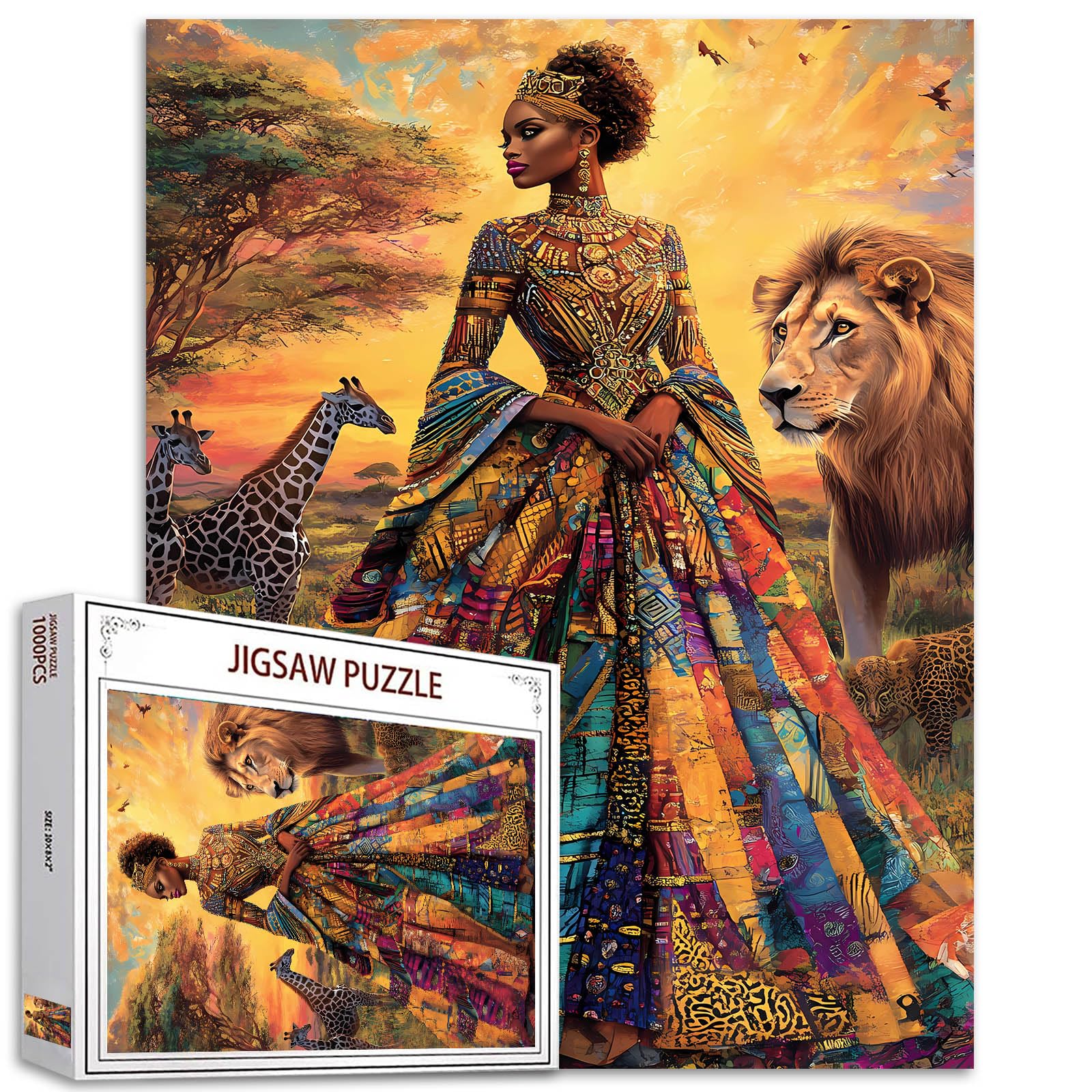 1000 Piece Jigsaw Puzzles for Adults African American Queen Painting Jigsaw Puzzle African Women Black Gir 1000 Pieces Puzzles Game Giraffe and Lion Decor DIY Craft Bedroom Decor Animal Puzzle Art