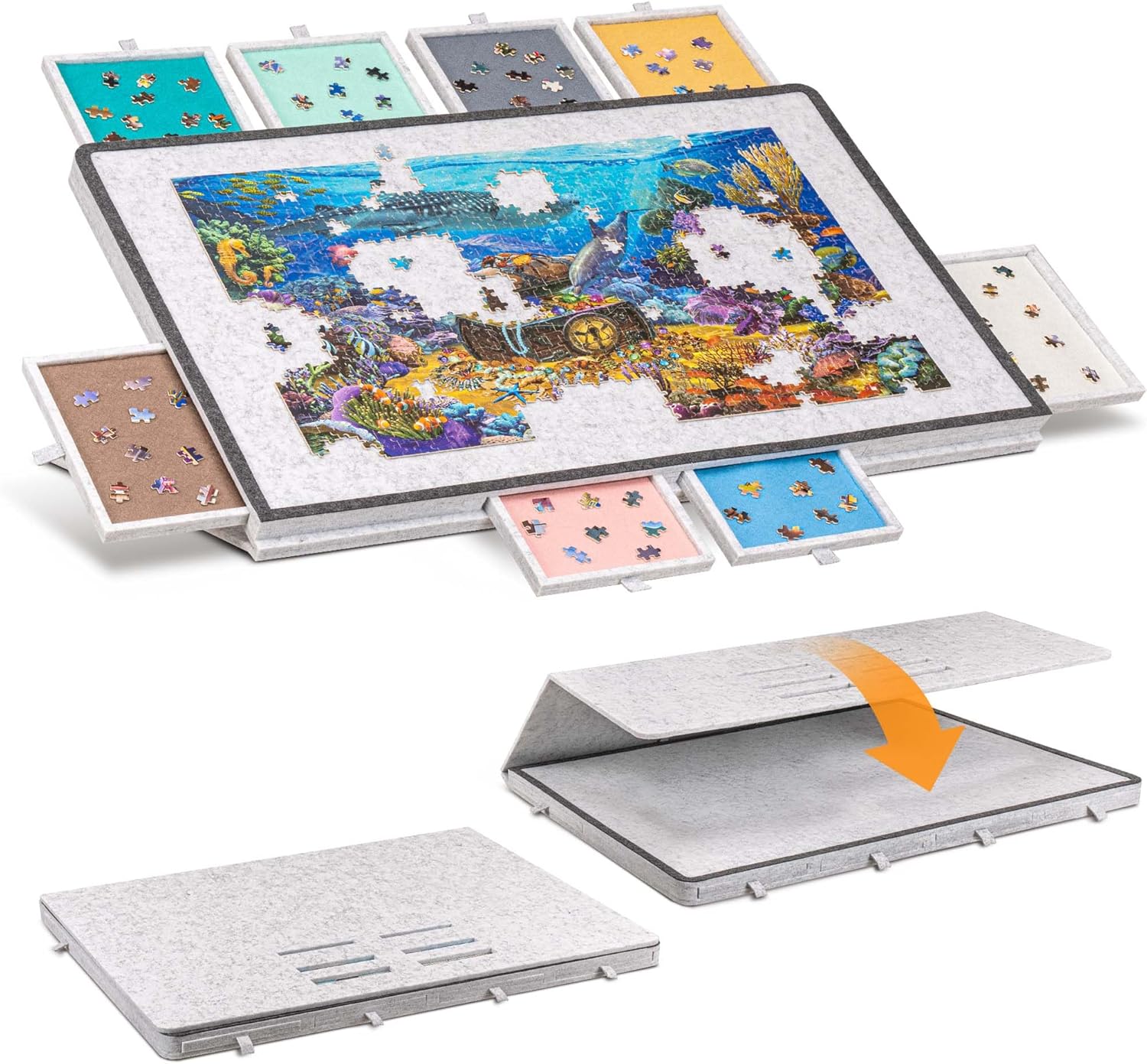 Becko US Tilting Puzzle Board with 2-in-1 Designed Stand & Cover, Lightweight Felt Storage Case with 8 Drawers for Adults, Portable Jigsaw Puzzle Table for Games Up to 1500 Pieces