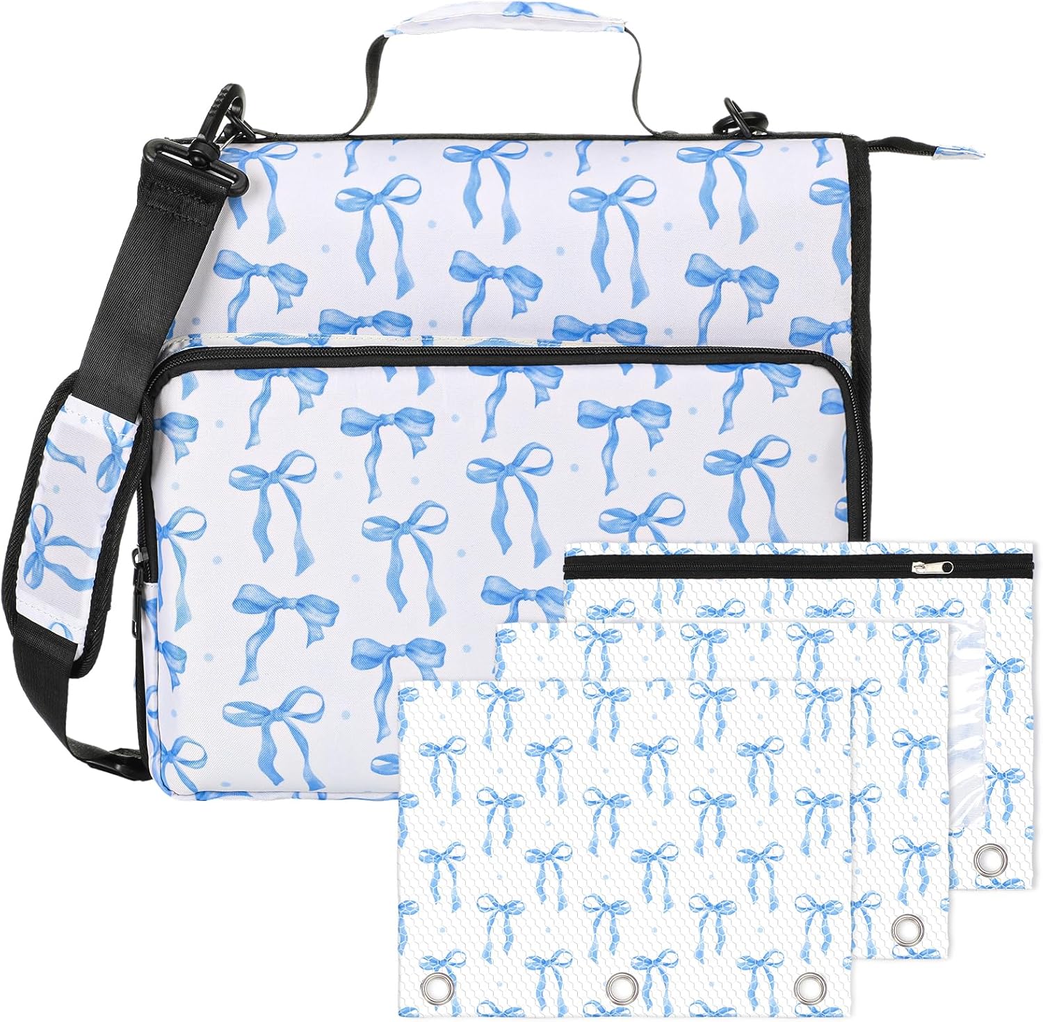 4 Pcs Blue Bow Coquette Zipper Binder with Pouch Bag Set 1.5 Inch 3-Ring Expanding Folders with Shoulder Straps and Handle Bowknot Keeper Watercolor Zipper Case for Office