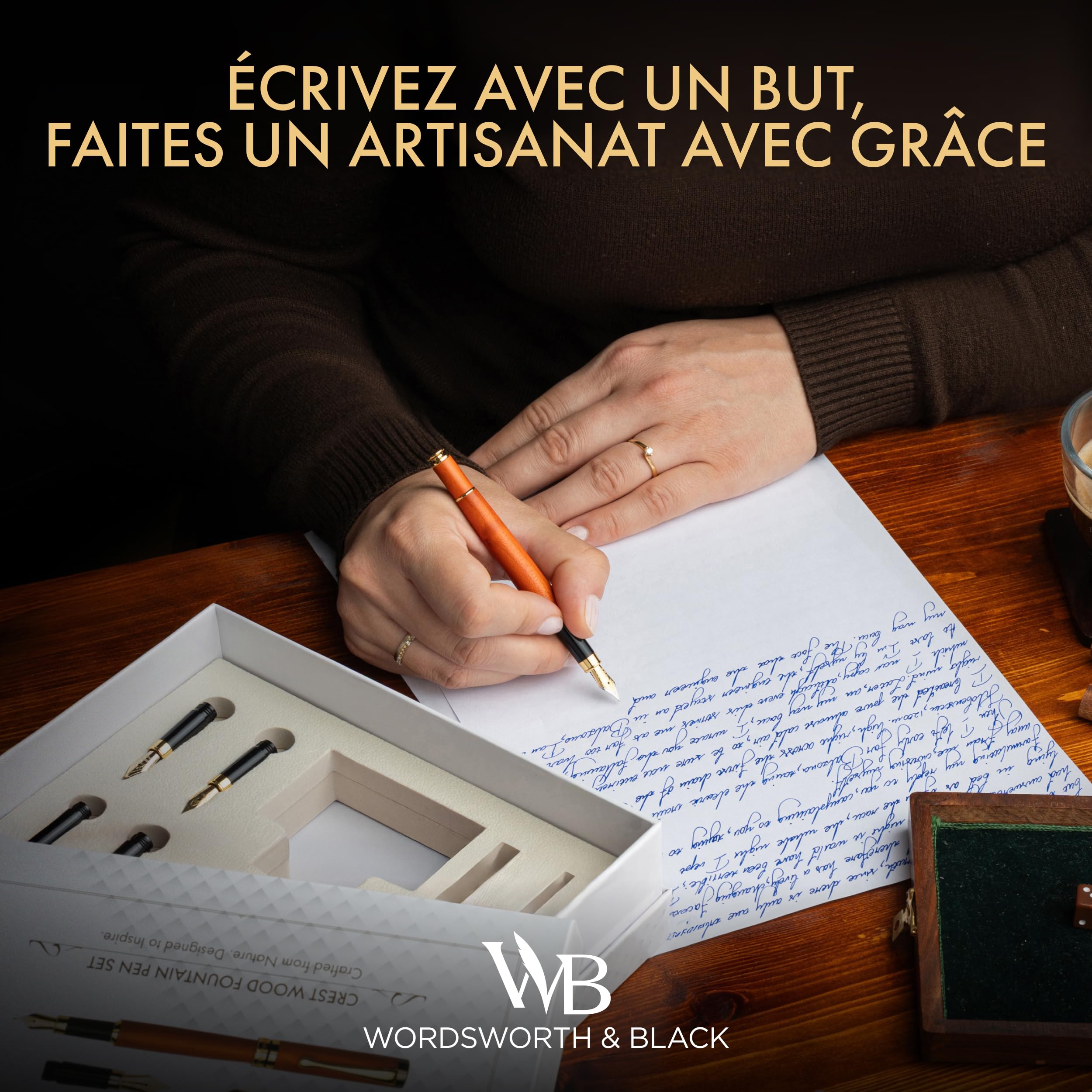 Wordsworth & Black Coffret Stylo Plume en Bambou Cerisier, 4 Plumes
