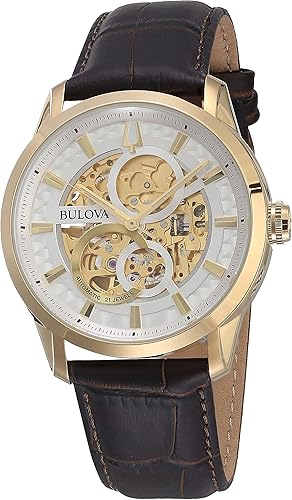Bulova Reloj clásico Sutton automático esqueleto con correa de cuero marrón 1.693 in 97A138, café esqueleto, Reloj esqueleto