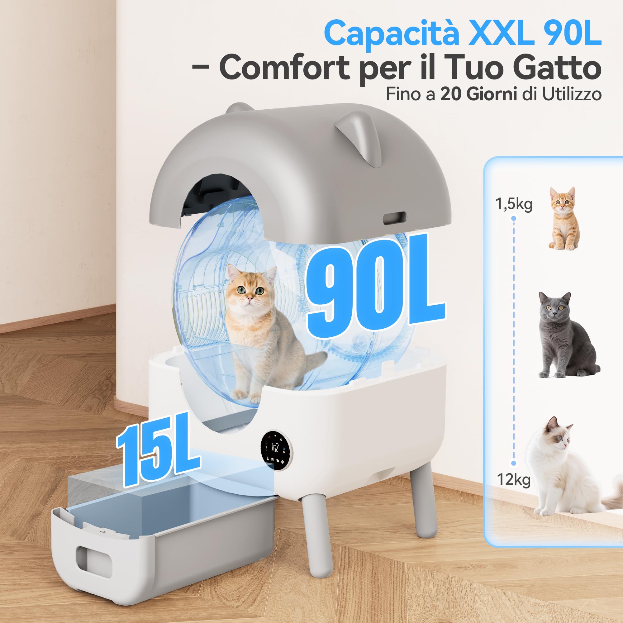JUMMICO Lettiera autopulente per gatti XXL, grande capacità 90L+15L, controllo tramite app, pannello operativo, monitoraggio salute intelligente IA, lettiera per famiglie con più gatti