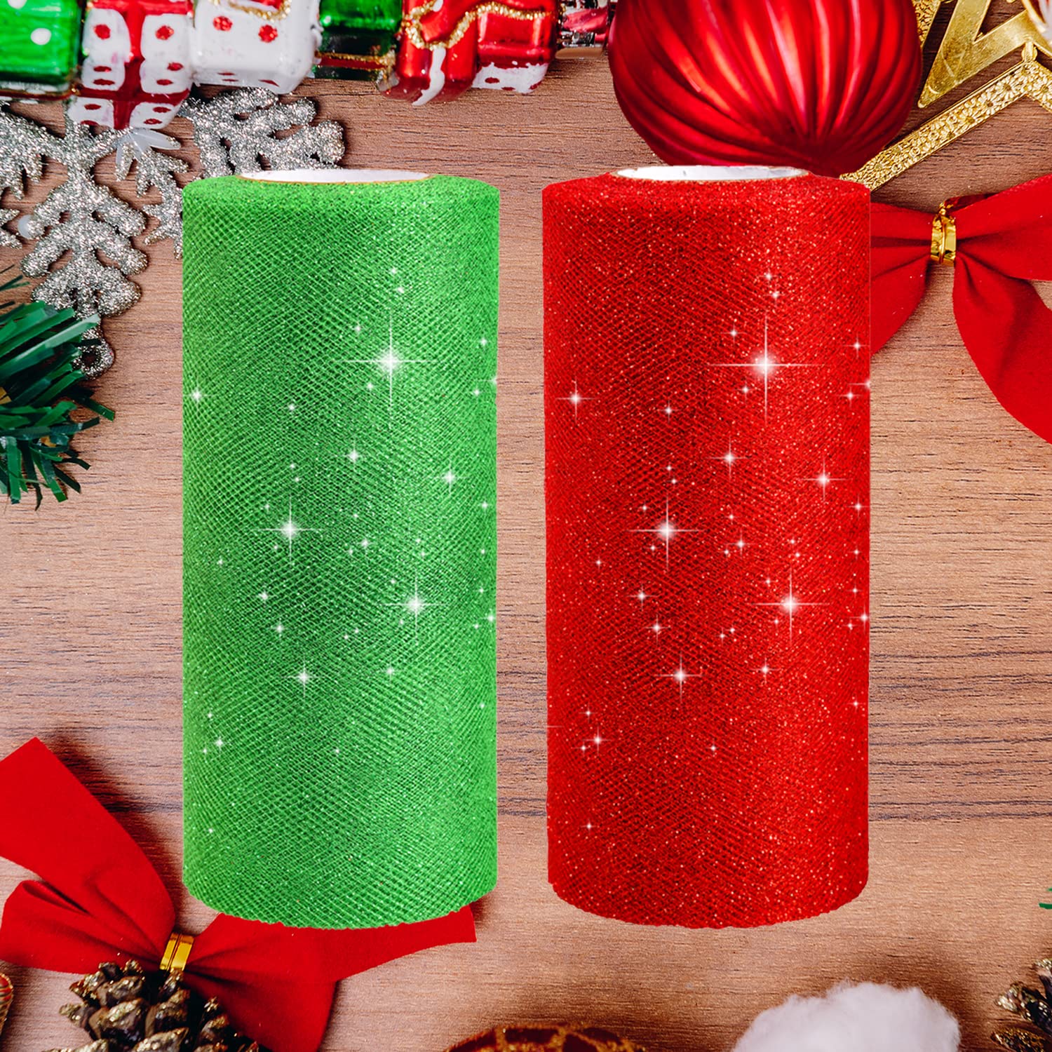 2 Rollos De Cinta De Organza Para Navidad - Con Purpurina, 10 Metros Cada Uno, Para Decorar Árboles, Regalos Y Manualidades