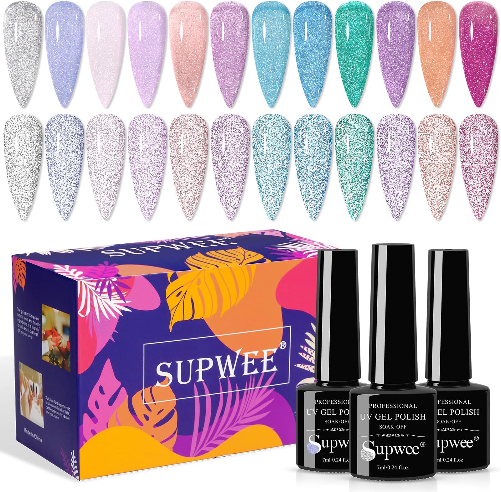 Reflective Glitter Gel Polish - 12 Colors Sheer Jelly Glitter Nail Polish Sparkle Shinny Disco Nail Polish Soak Off UV LED Varnish DIY at Home