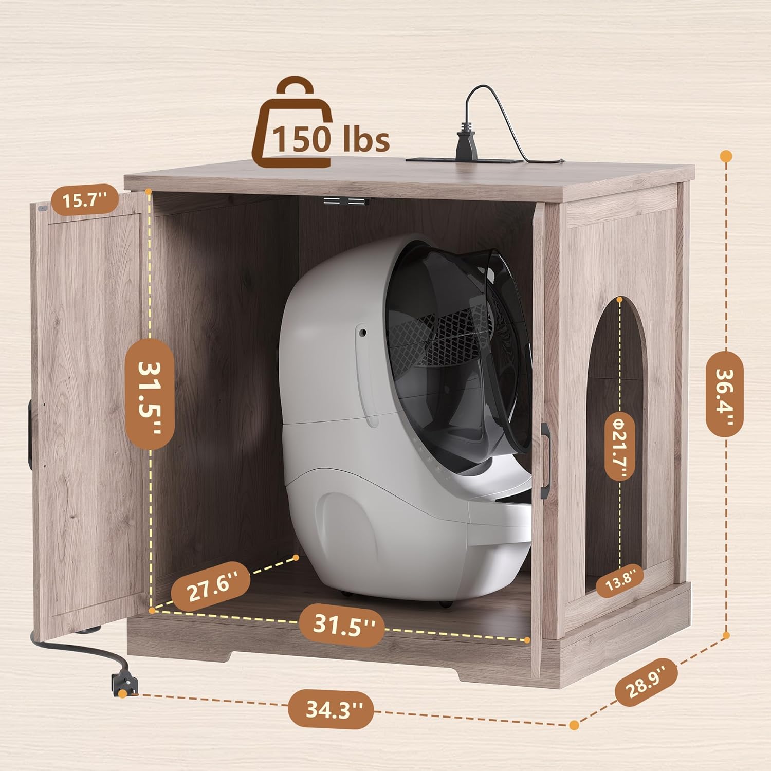 Hey-brother Enclosure for Self Cleaning Cat Litter Box, Large Hidden Litter Box Furniture with Charging Station, Suitable for Automatic Cats Litter Boxes and Robot, Vintage, Rustic Gray JCLB004SG