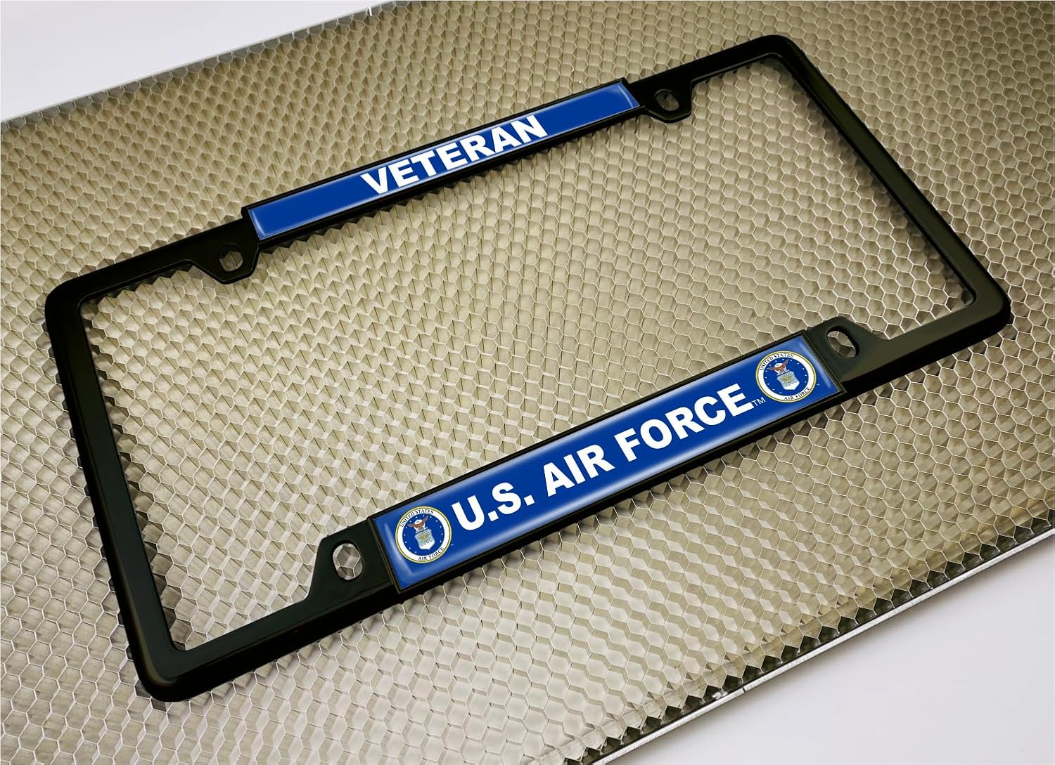 [Officially Licensed Product] - USAF - U.S. Air Force Veteran - Domed Custom-Made Personalized Narrow (Thin) Top 4 Hole Metal Car License Plate Frame with Free caps - Black Frame (Qty: 1)