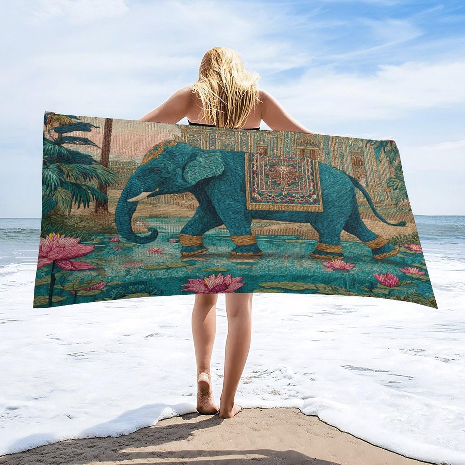 Luyysky Classic Bohimian Indian Elephant Absorbent Beach Towel, Rustic Watercolor Castle Animal Elephant Lotus Floral Palm Tree Outdoor Single-Sided Velvet Beach Towel-80 W Cm X 160" L Cm