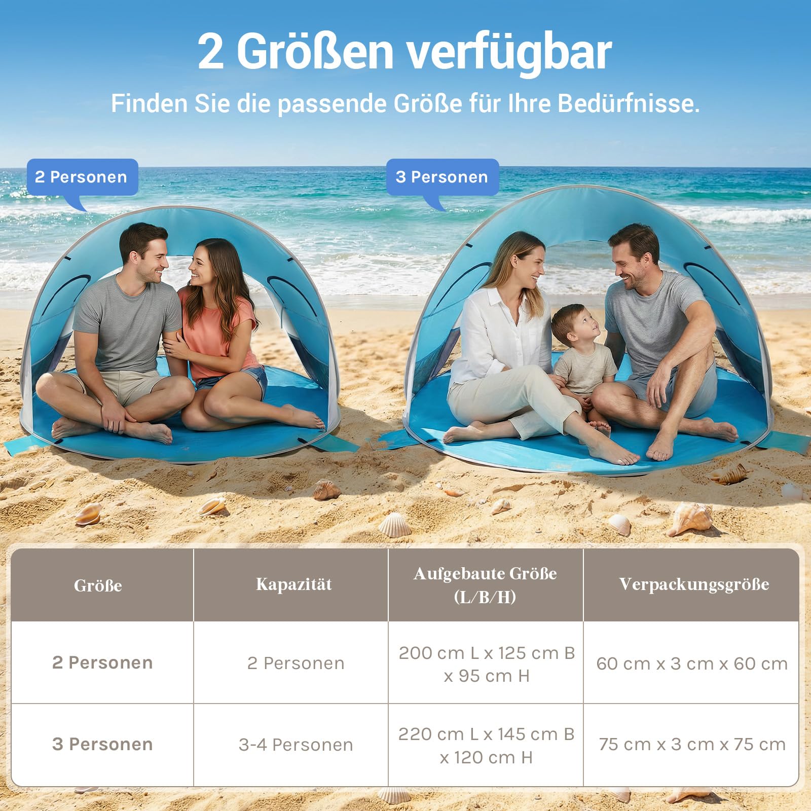 WolfWise Strandmuschel Pop-Up Zelt mit UV-Schutz 50+, 3-4 Personen Strandzelt, Sonnenschutz & Windschutz Tragbar Wurfzelt Baby Kinder Sonnenzelt Kleines Packmaß für Familie Camping Garten Strand Blau