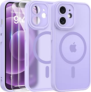 FLLAO 3 in 1 Handyhülle Kompatibel für iPhone 12 Hülle mit 2 Stück Schutzfolie Case iPhone 12 6.1", Violet Clair