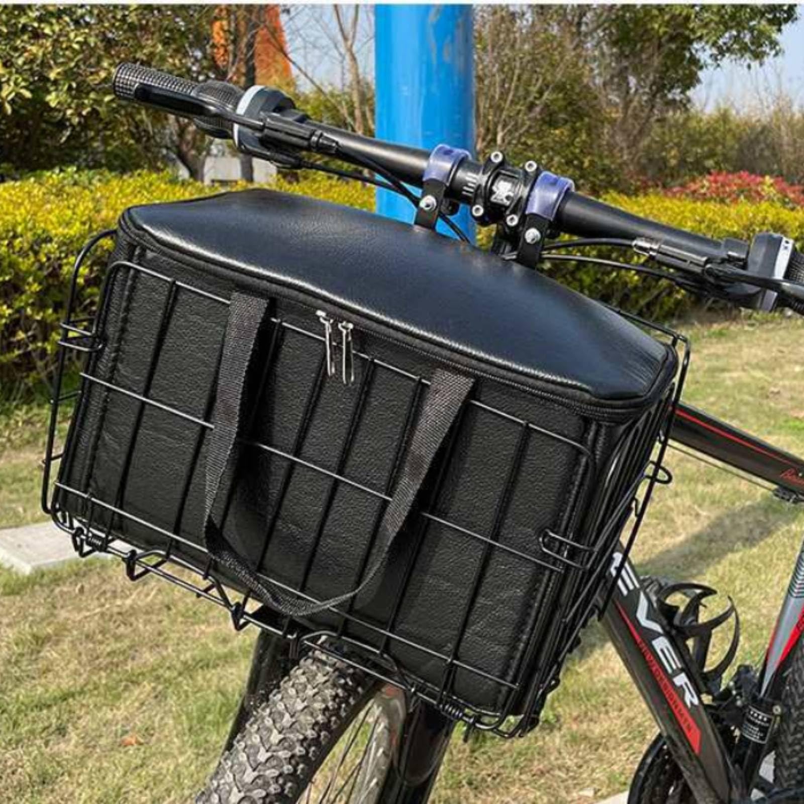 Drahtkorb mit Tasche faltbar Fahrradkorb mit Innentasche zusammenklappbar Gepäckkorb für Radfahr, Einkauf, Silber, Verstärkter Korb + Innentasche