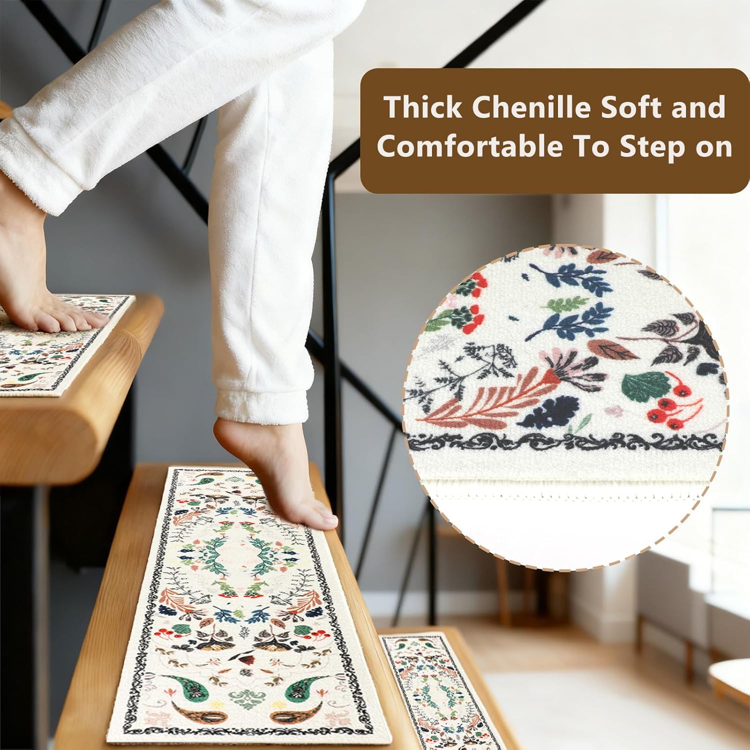 Retro Stair Treads Non Slip for Wooden Steps, 8"x30" Stair Carpet TPR Backing Stair Carpet Treads Soft Stair Runner Washable Reusable Stair Rugs Indoor Safety Stair Mats for Elders Kids Dogs Beige