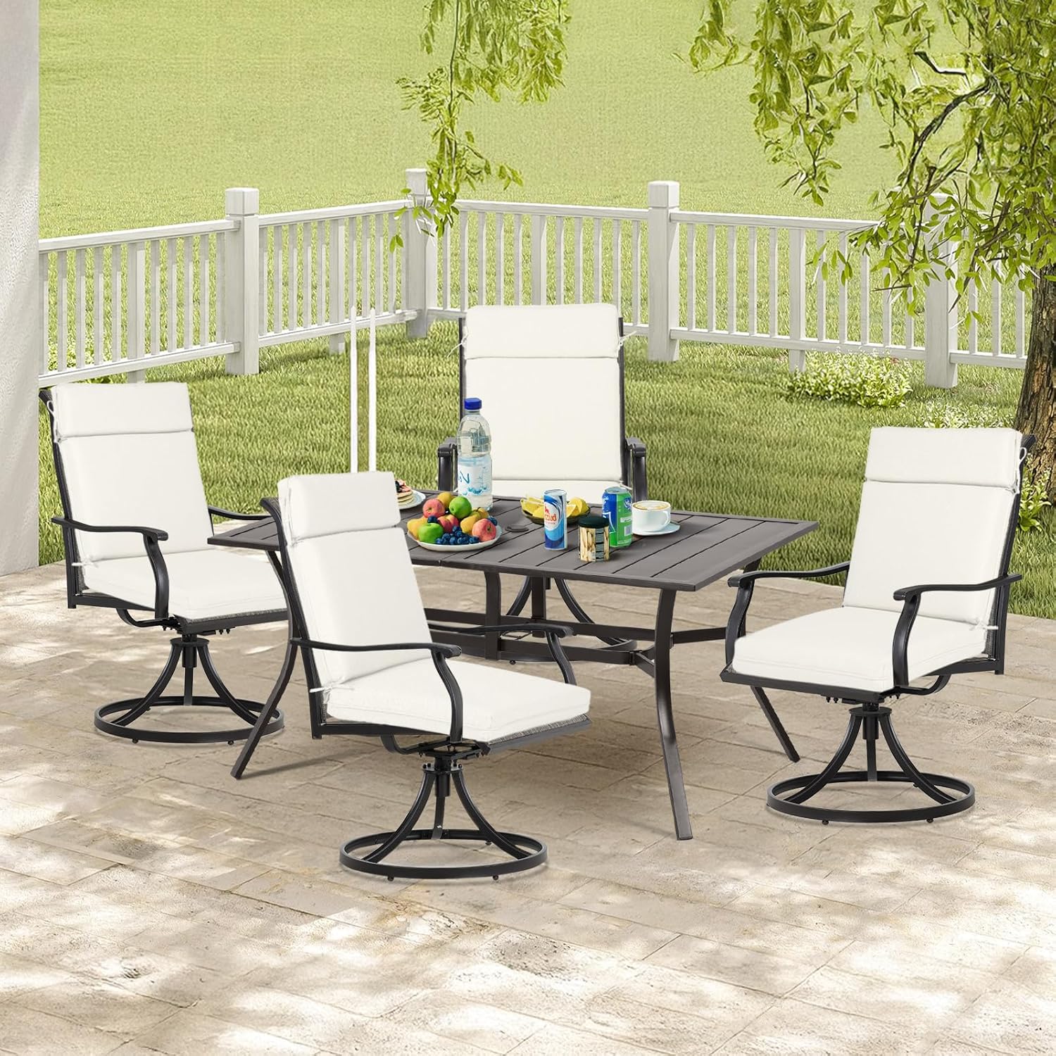 Aoodor 20" x 37" x 2.8" Polyester High Back Segmented Outdoor Chair Cushion, Water Resistant & Fade Resistant Removable Cover, Ties and Zipper for Patio Furniture, Set of 4, Ivory