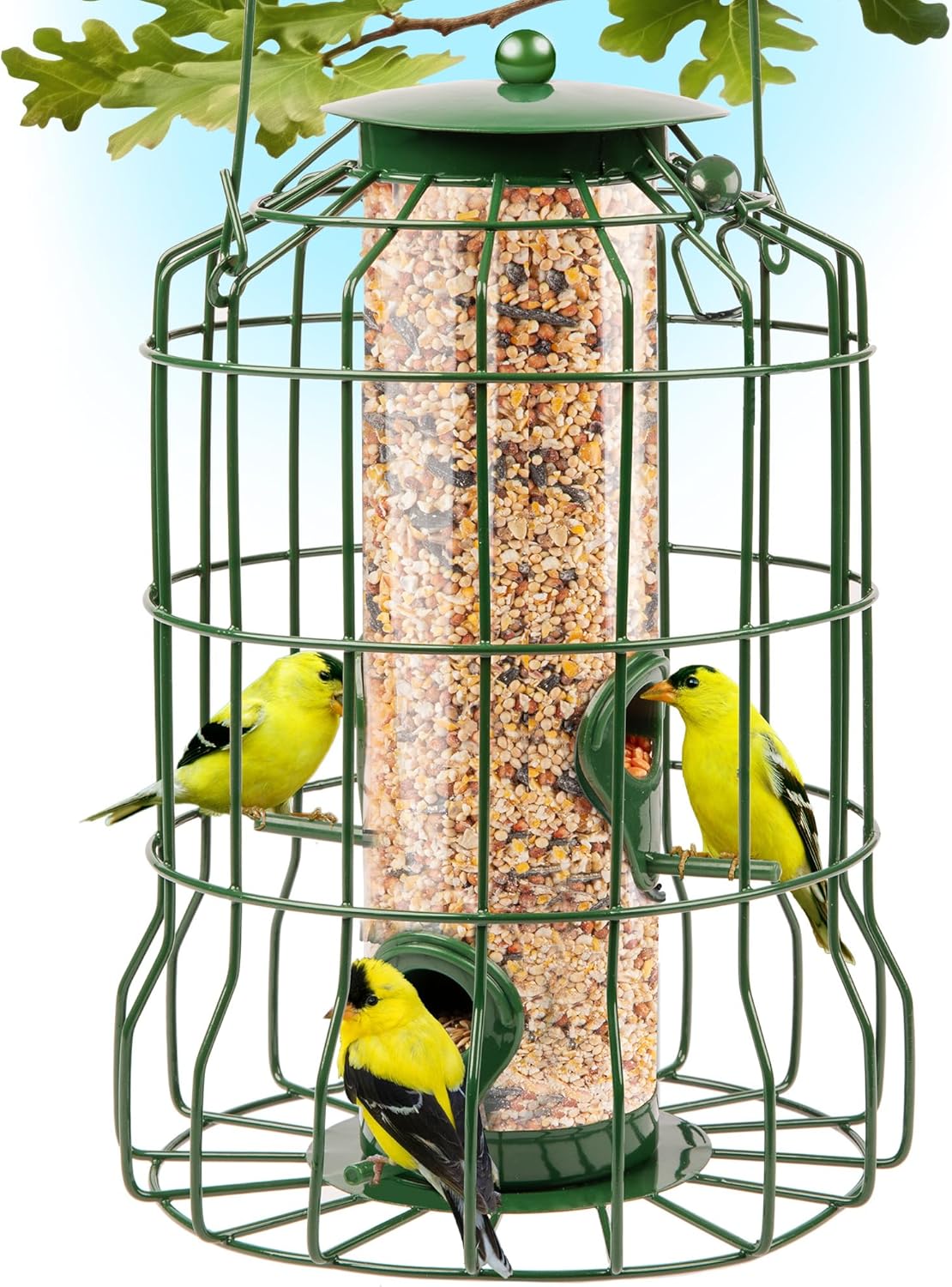 Squirrel Proof Bird Feeders for Outdoors Hanging (Metal Green) Bird Feeder with 4 Ports