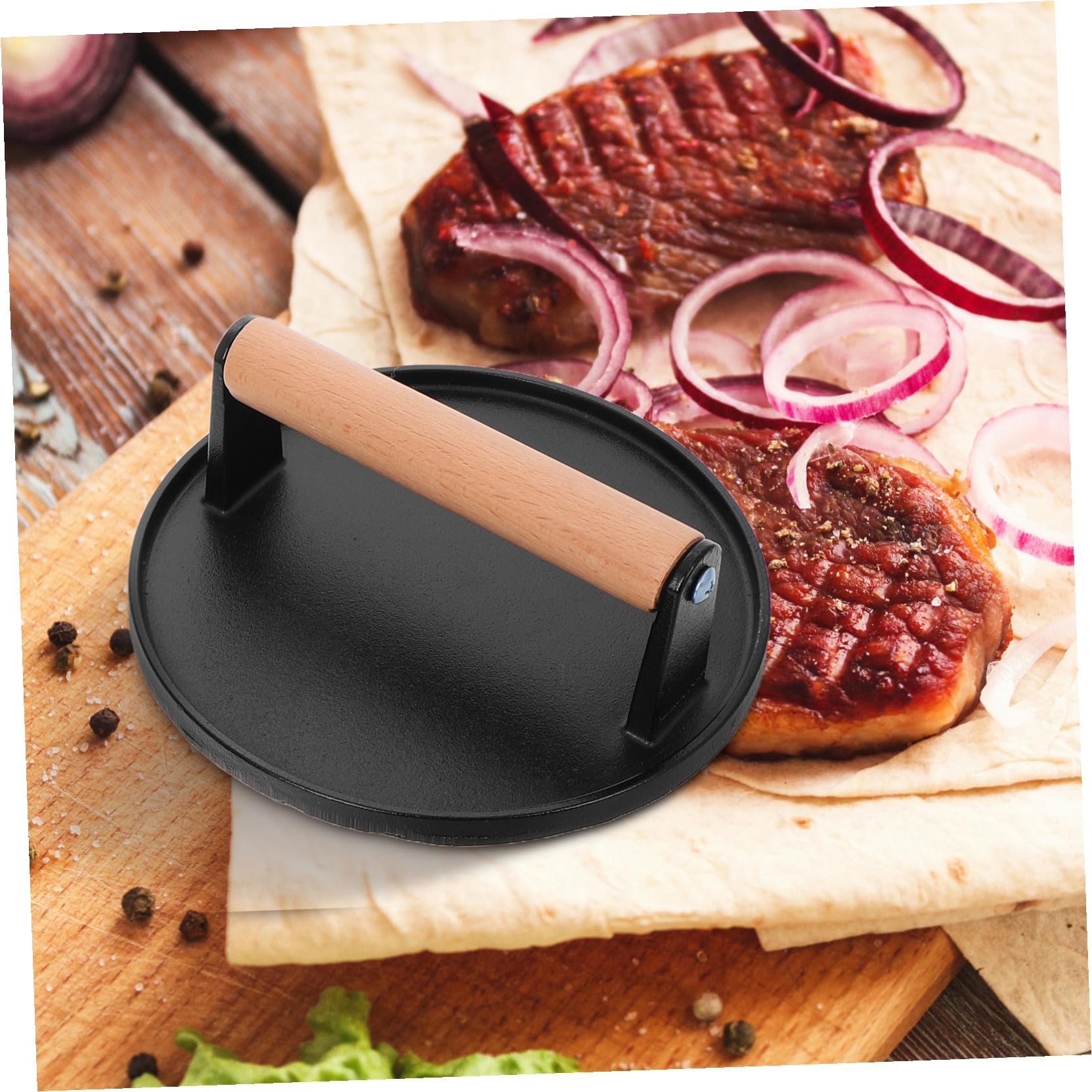 Healifty Prensa de Hamburguesas de Hierro Fundido Multifuncional para Carne y Otros Alimentos con Mango de Madera, 2 Piezas Formas Rectangular y Redonda, Uso en Cocina