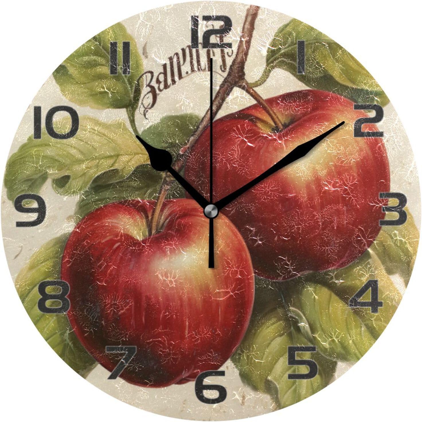YETTASBIN Apples Wall Clock, Silent Non Ticking Battery Operated Creative Decorative Round Clock for Kitchen, Living Room, Bathroom, Home School Office Decor, 10 Inch