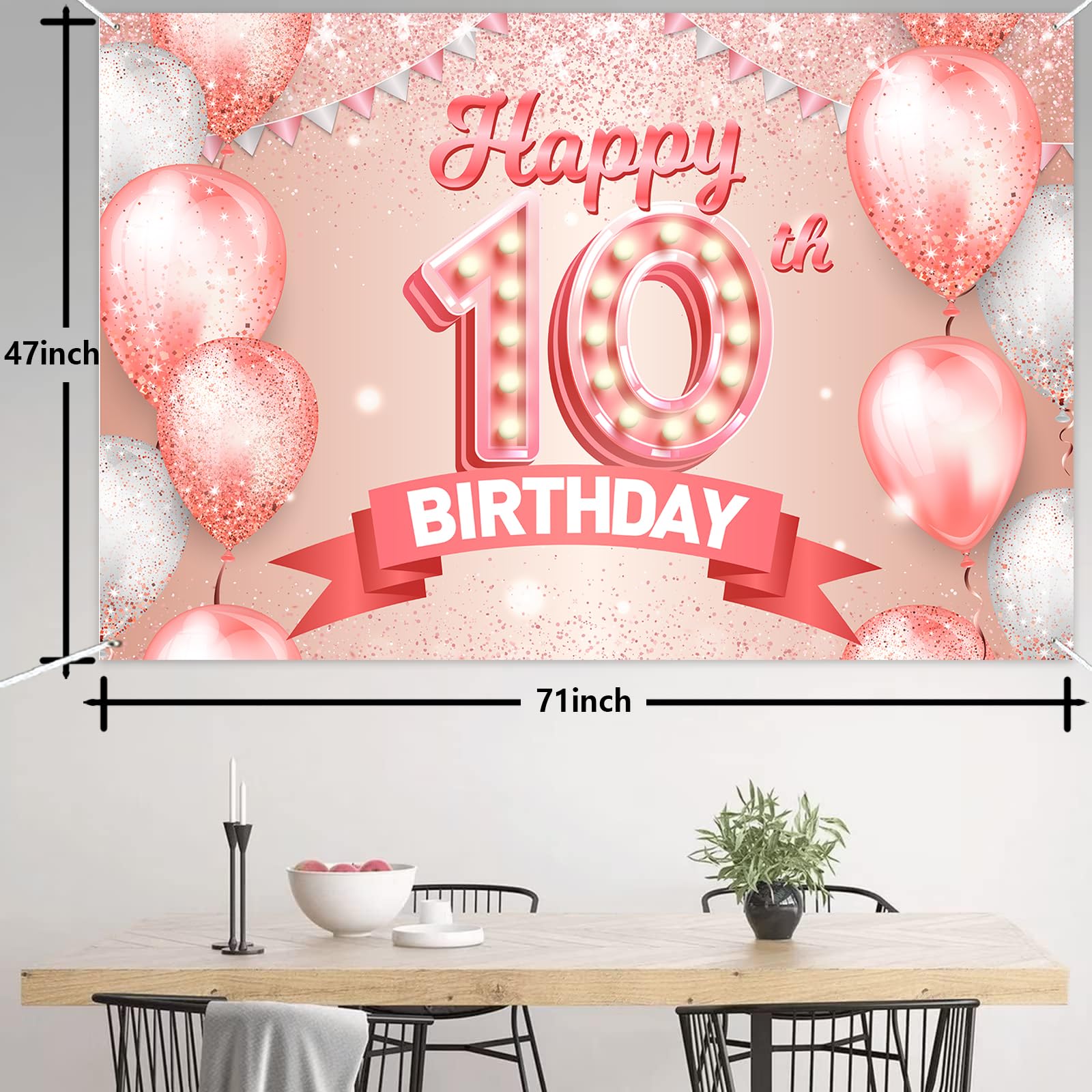 Happy 10th Birthday Backdrop Banner - Pink Purple Gold Decor For Girls, 71x49 Inch