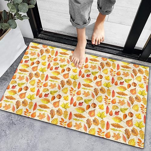 Bath Rugs Entrance Non Slip Front Door Mat Rustic Fall Maple Leaves Kitchen Carpets Thanksgiving Farm Autumn Leaf Floor Mats for Bathroom Bedroom