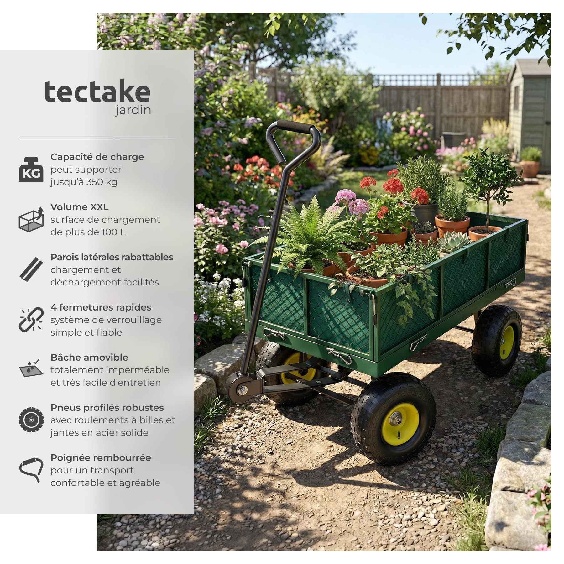 tectake® Chariot de Transport Chariot à roulettes de Jardin Remorque à Main Charrette à Bras Capacité 350kg avec Parois latéraux rabattables et Bâche pour Bois de chauffage Courses Plage Pêche Camping