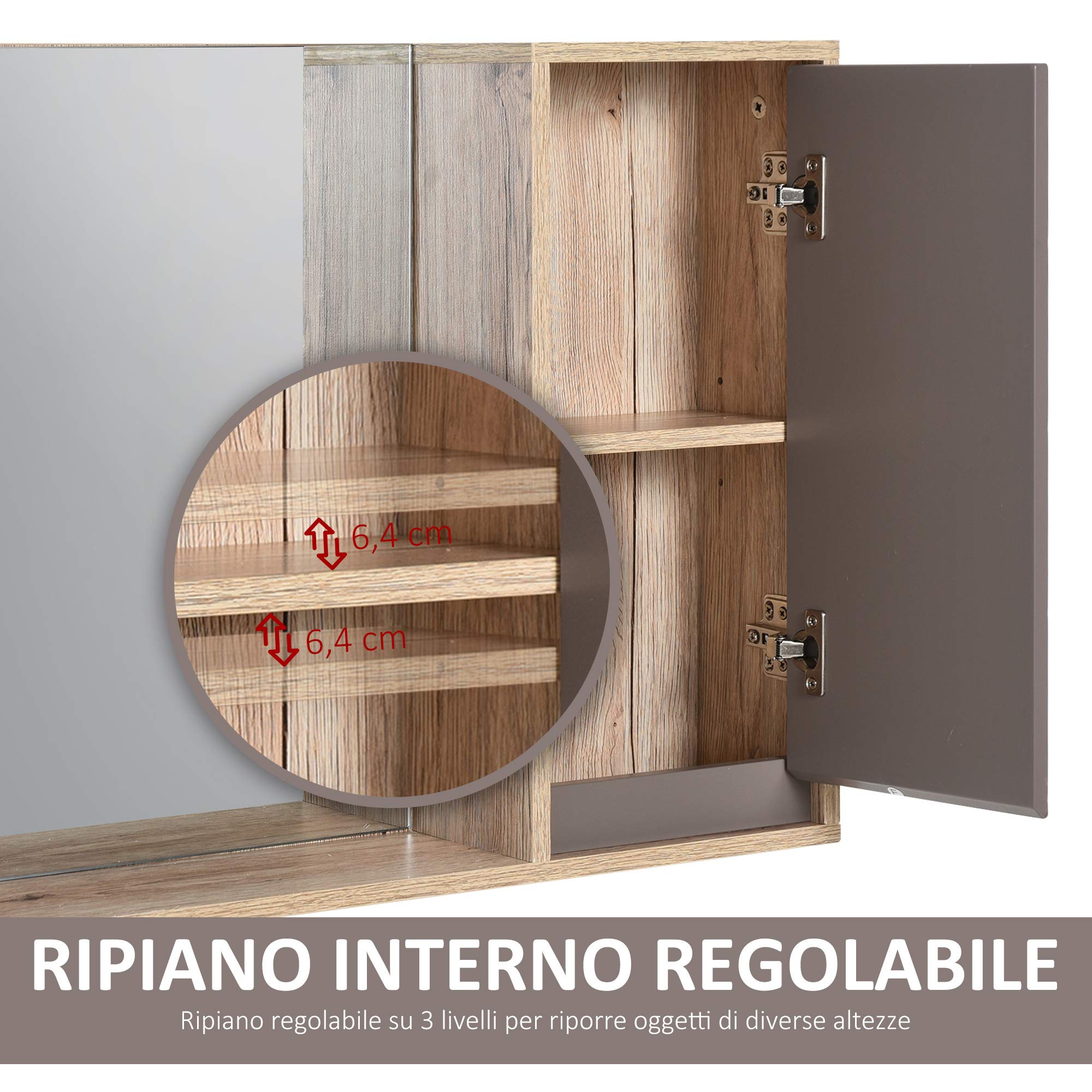 HOMCOM Armadietto Pensile per il Bagno con Mensola, Specchio e 2 Ripiani, Specchio Bagno Contenitore Installazione a Parete, Grigio e Rovere, 57 x 14.2 x 49.2cm