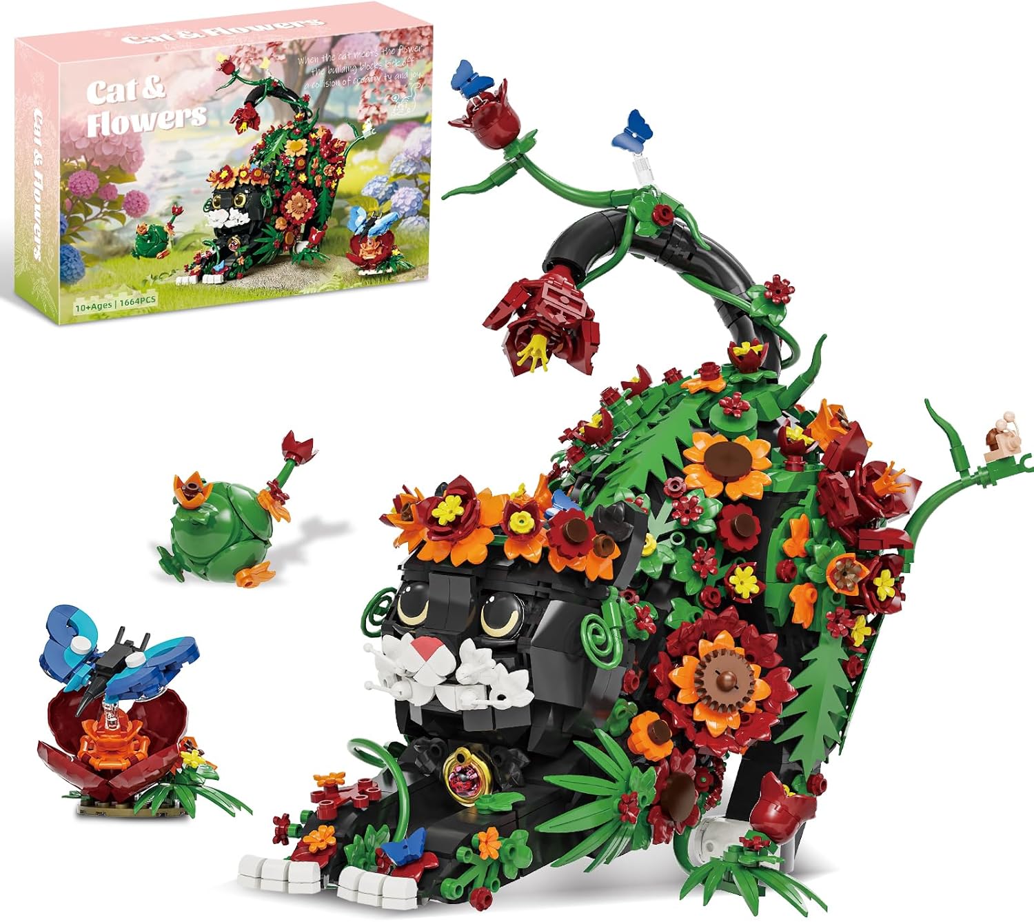 Flowers Tuxedo Cat Building Set for Adults, Animal Butterfly Botanical Collection Model Toy for Home Office Decor, Compatible with Lego Cat, Gift Idea for Teens Boys & Girls 14+ (1664 PCS)