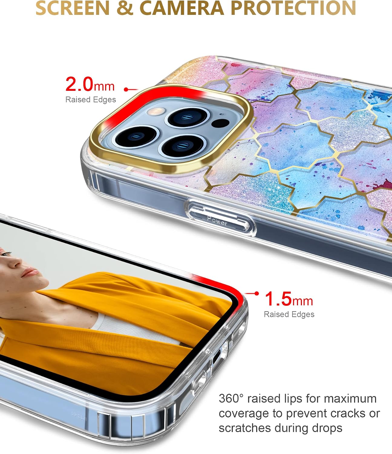 JAHOLAN Clear Case Compatible with iPhone 13 Pro Glitter Plating Marble Design Protective Shockproof Slim Thin TPU Bumper Durable PC Back Cover Phone Case 6.1 inch Blue Purple